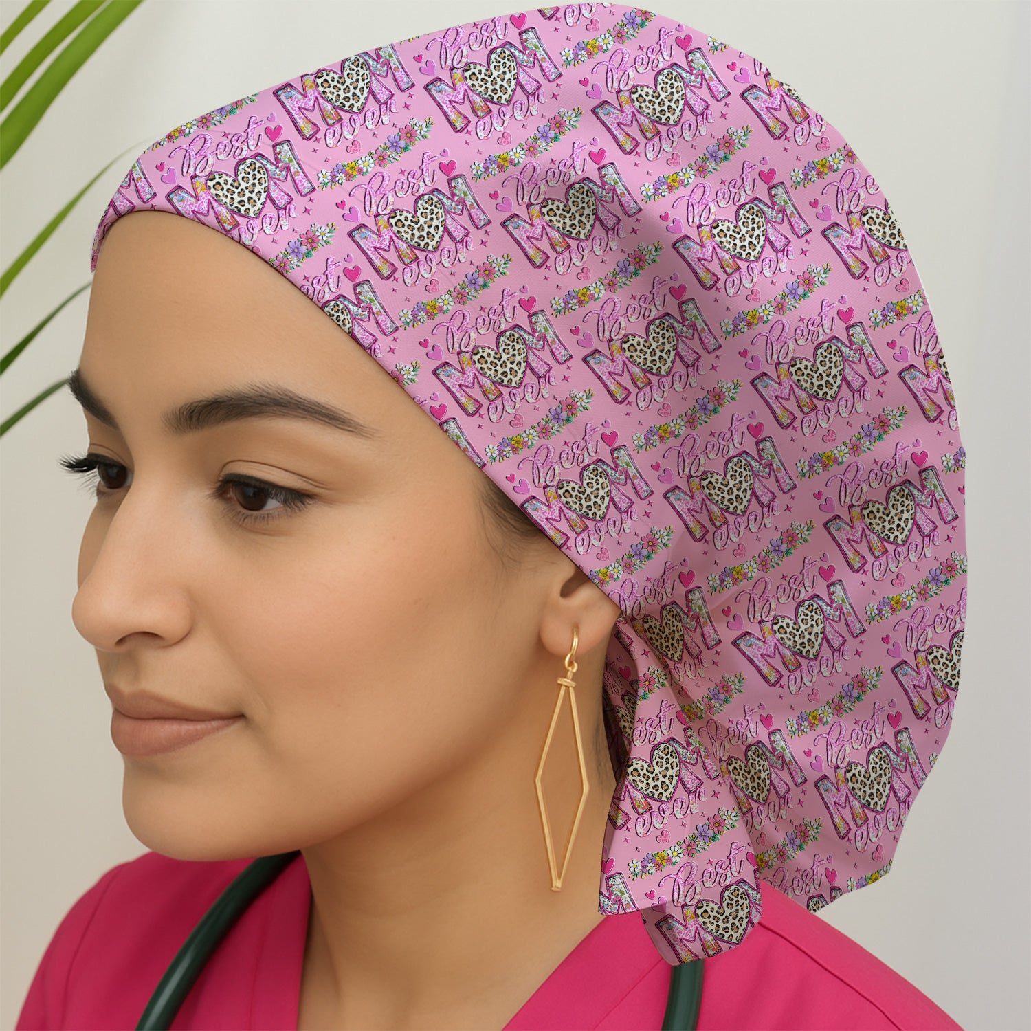 Best Mom Ever Leopard Heart Floral Pattern Cap, Bouffant Scrub Caps for Women