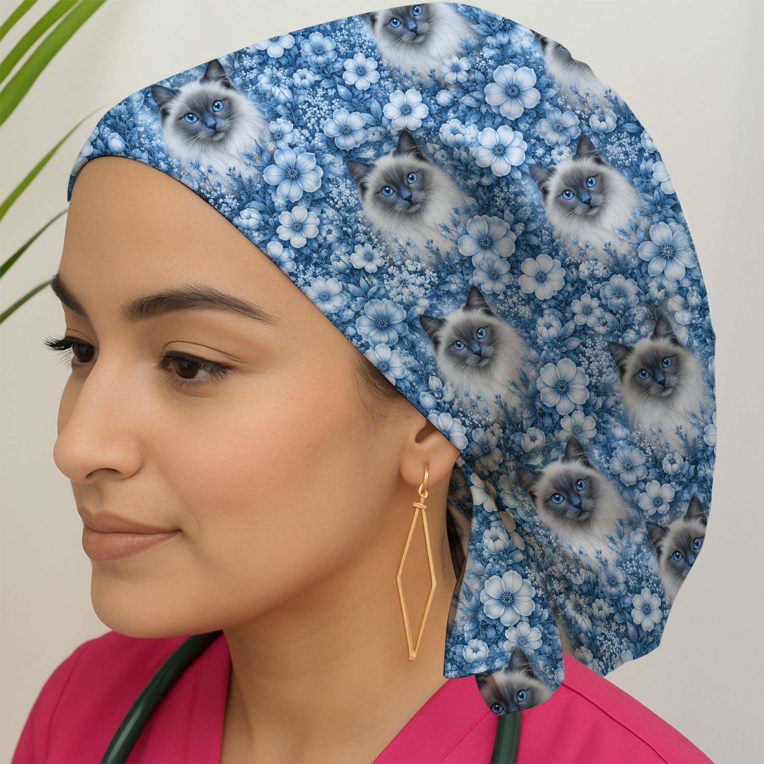 Blue Floral Ragdoll Cat Pattern Scrub Cap, Surgical Caps for Doctors