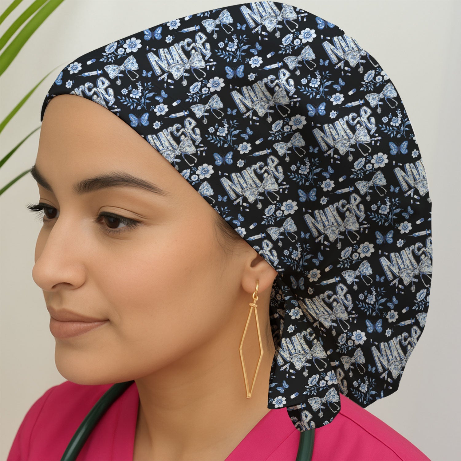 Blue Nurse Letter Floral Butterfly Print Cap, Breathable Fabrics Caps Uniform
