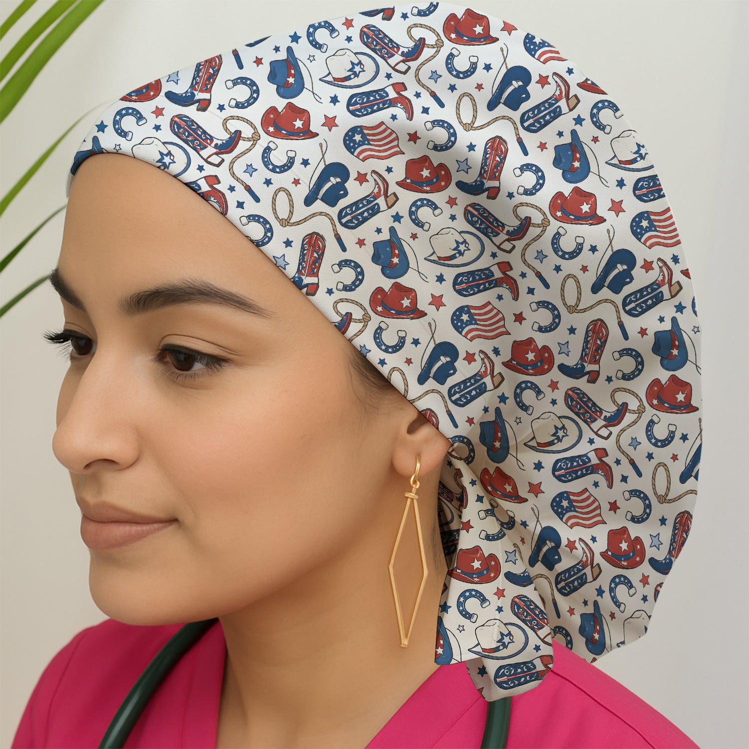Patriotic Cowboy Boots Horseshoe Pattern Scrub Cap, Surgical Caps for Doctors