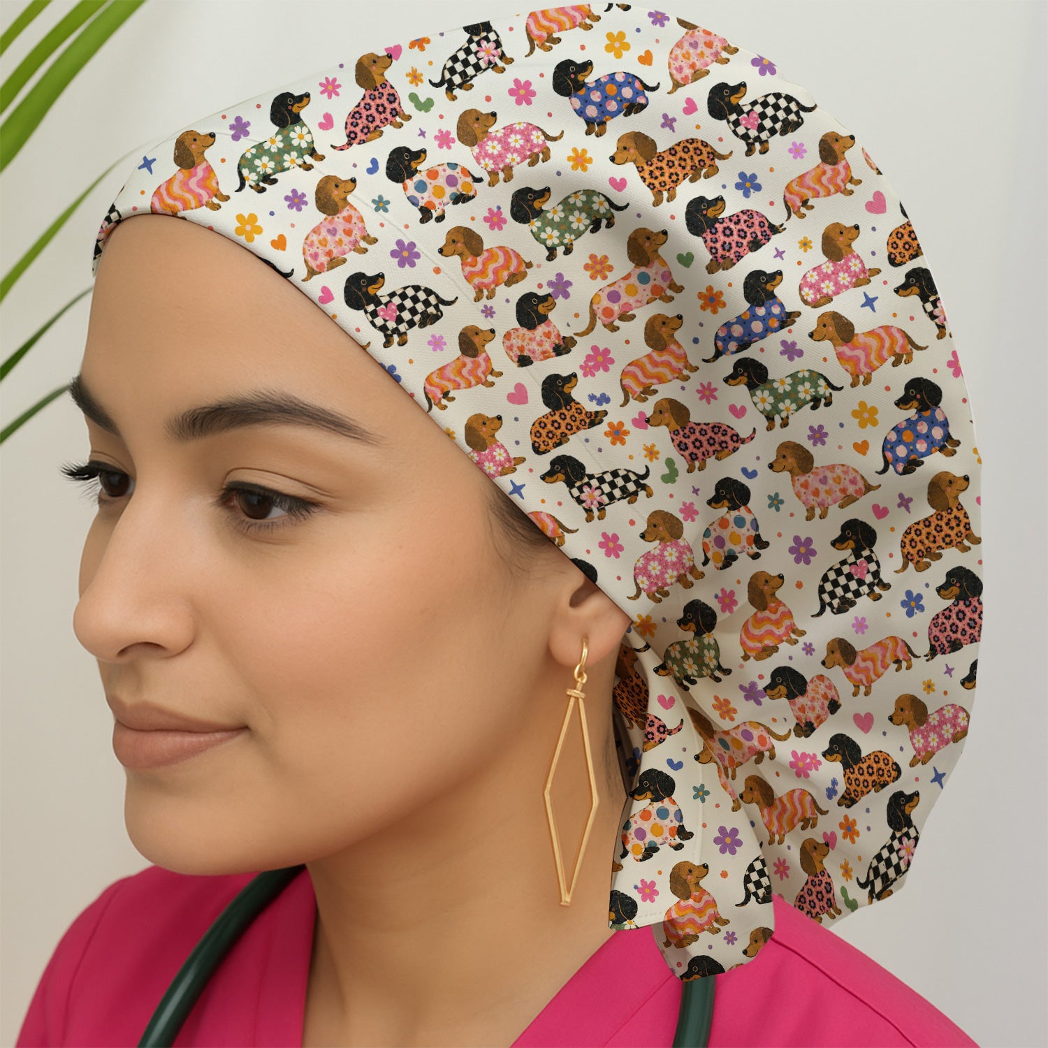 Floral Dachshund Print Scrub Cap, Surgical Caps for Doctors