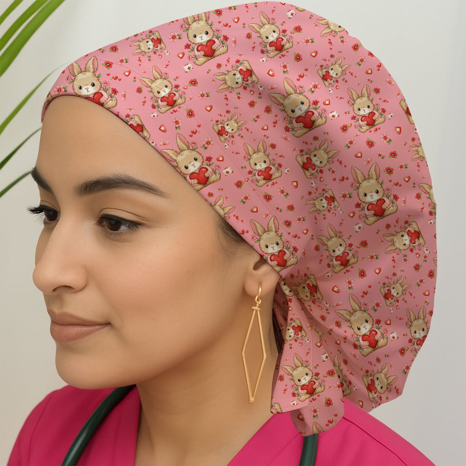 Adorable Bunny Heart Healthcare Design Cap, Bouffant Scrub Caps for Women