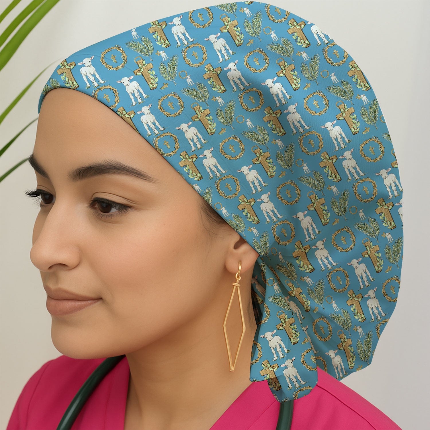 Faith Lamb Cross Pattern Scrub Cap, Bouffant Scrub Caps for Women