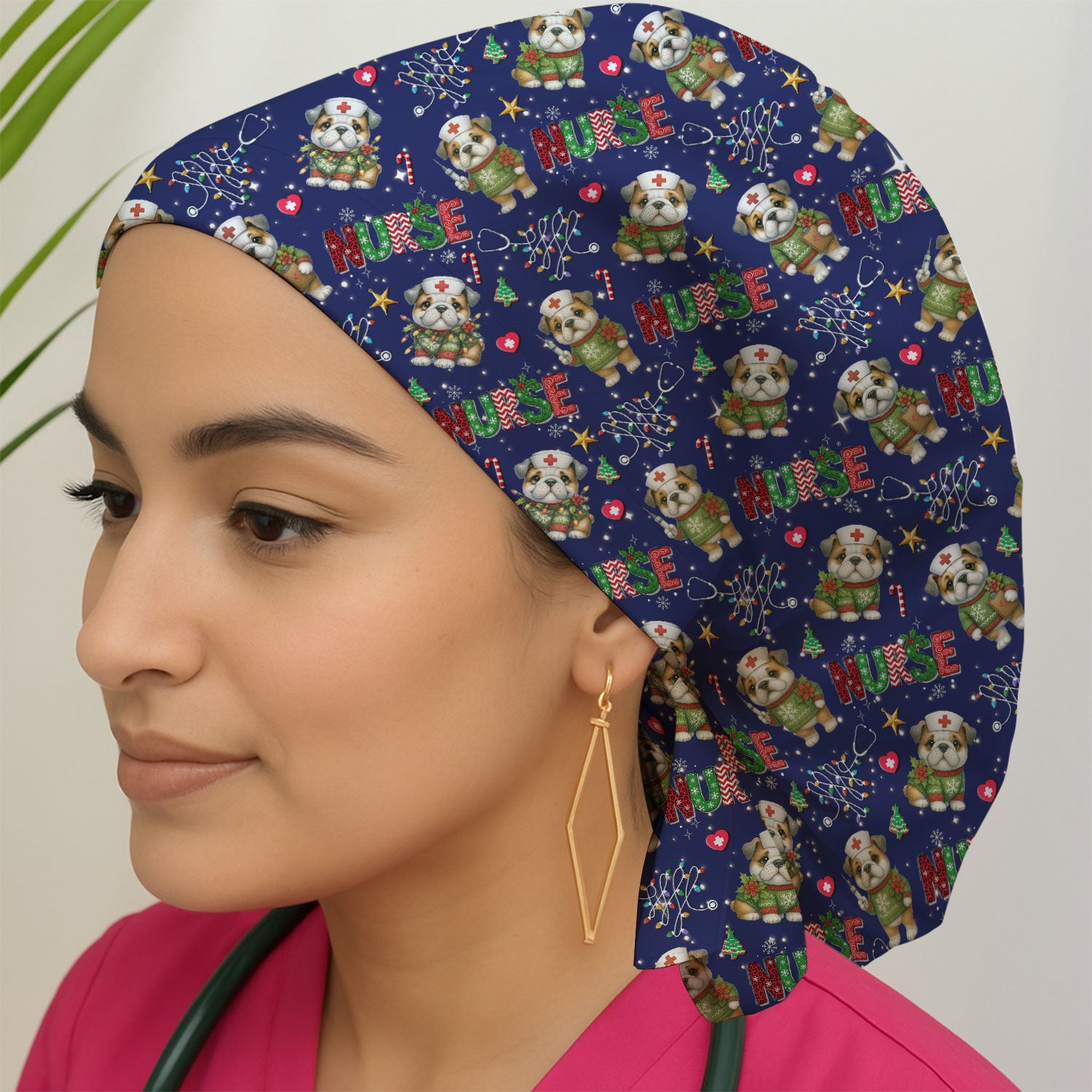 Bulldog Bouffant Scrub Caps for Women - Puppy Lover Gift - Breathable Fabrics Caps Uniform