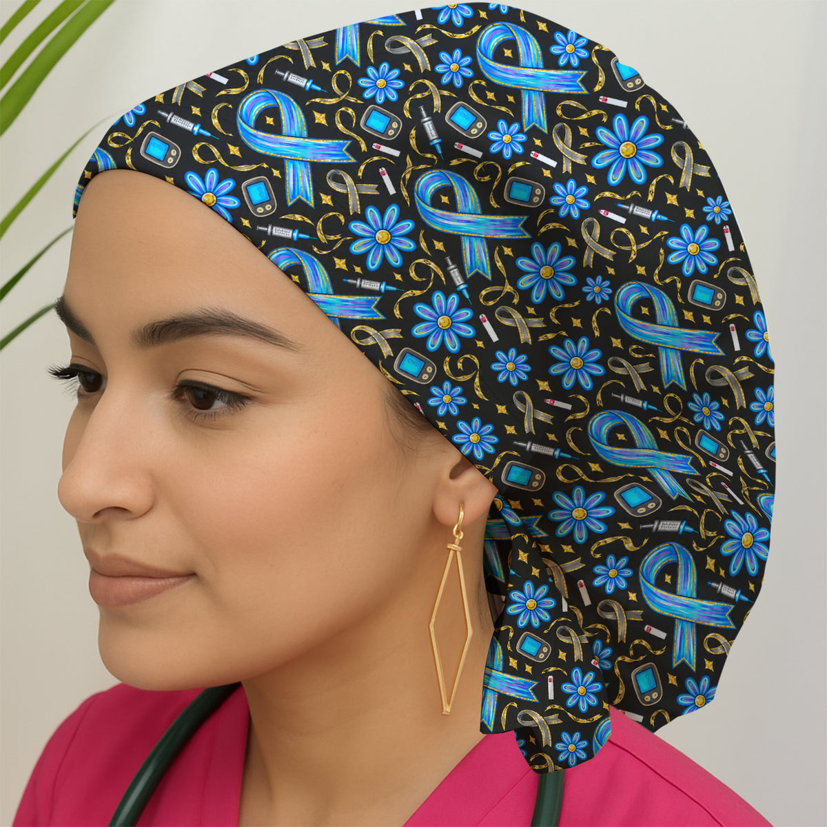 Diabetes Awareness Ribbon Pattern Scrub Cap, Surgical Caps for Doctors