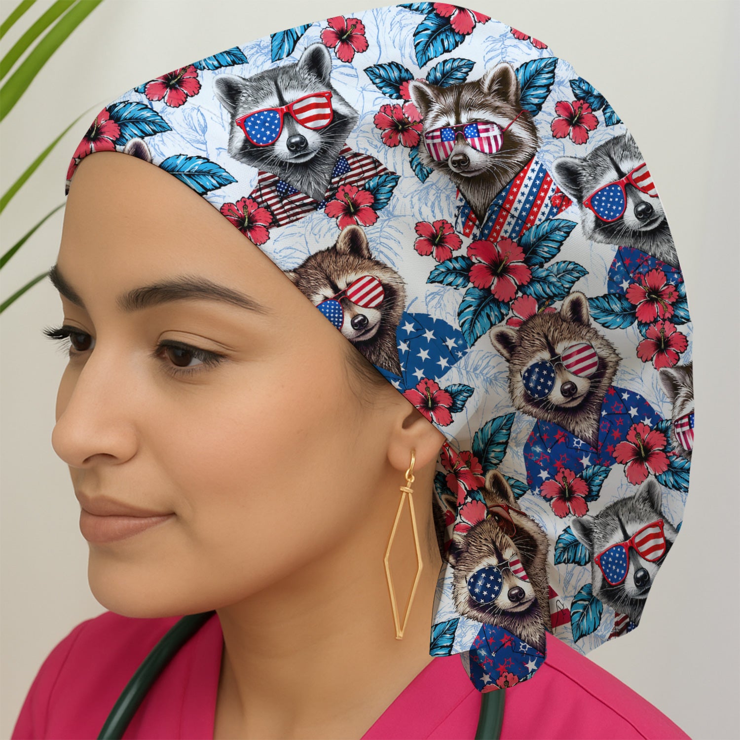 Funny Patriotic Raccoon Sunglasses Pattern Scrub Cap, Surgical Caps for Doctors