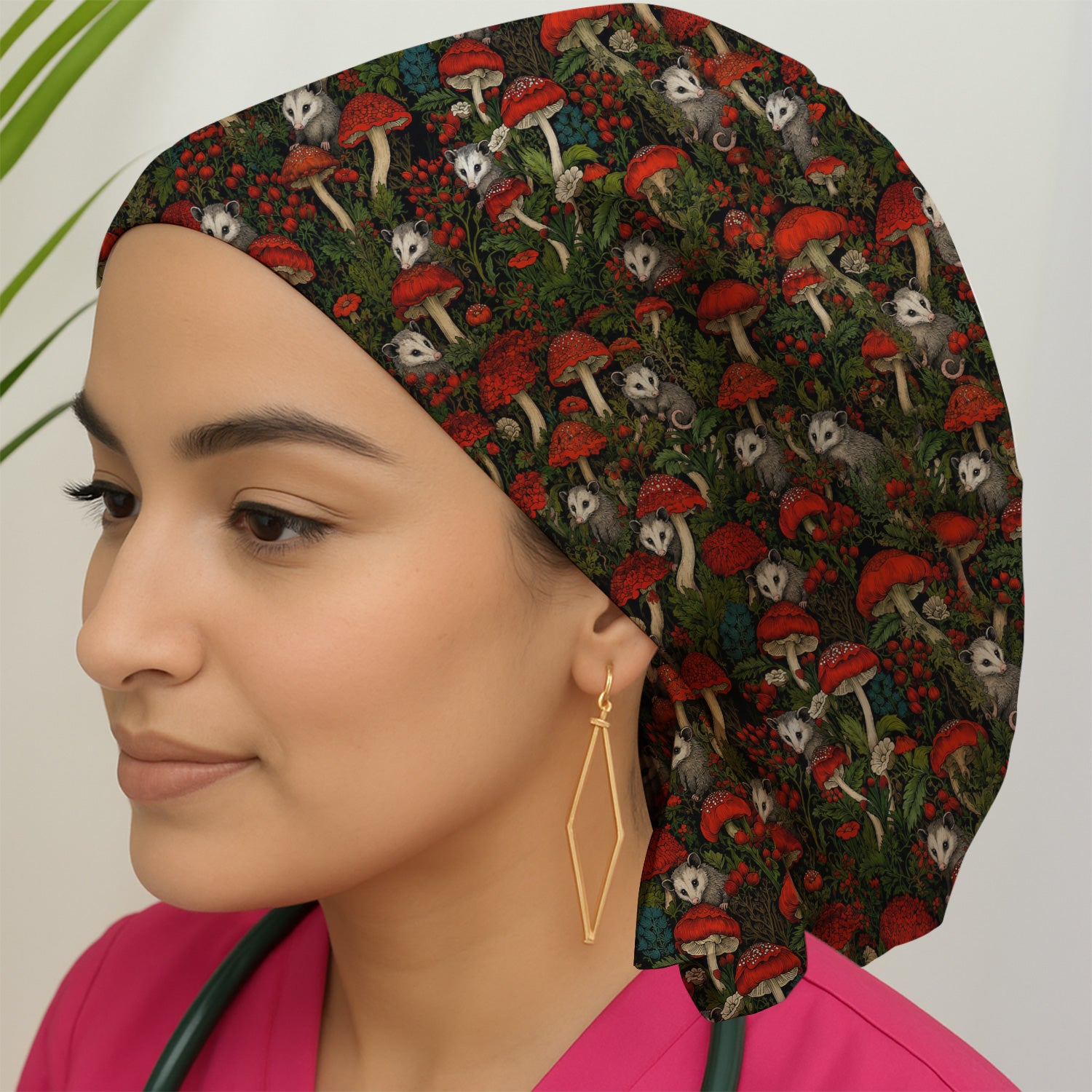 Woodland Opossum Red Mushroom Pattern Scrub Cap, Surgical Caps for Doctors