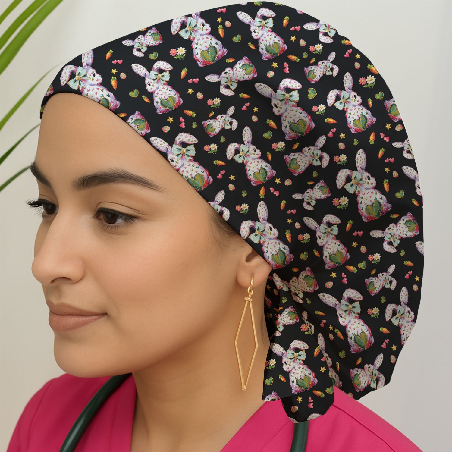 Cute Pastel Bunny Easter Pattern Cap, Bouffant Scrub Caps for Women