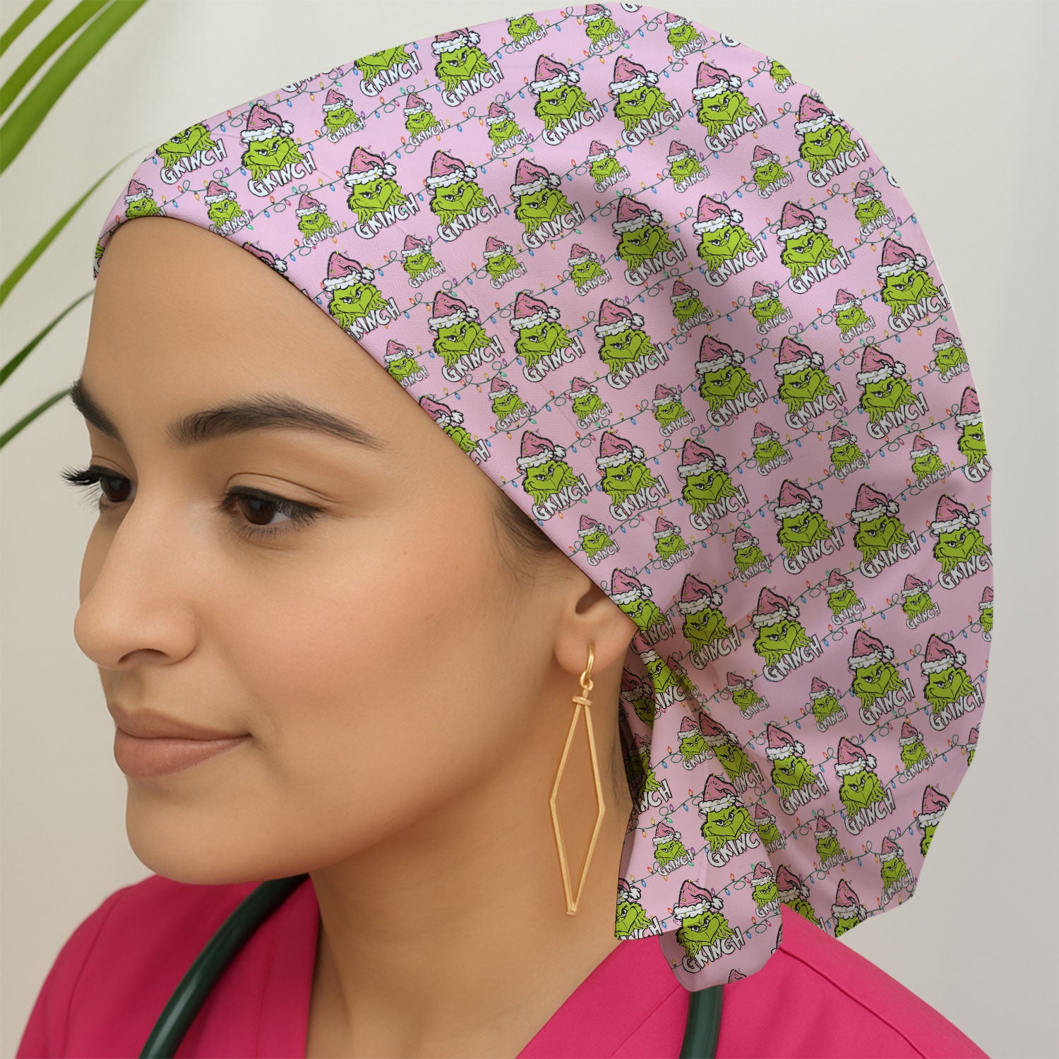 Grinch with Santa Hat Christmas Nurse Scrub Cap - Funny Holiday Surgical Hat Multi Color - Xmas Bouffant Cap for Women