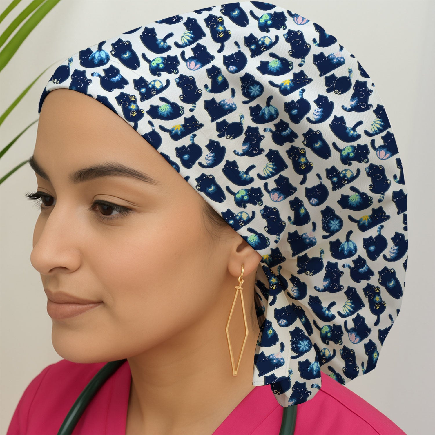Midnight Cat Scrub Cap, Black Cat Pattern Nurse Hat, Breathable Fabrics Nursing Uniform
