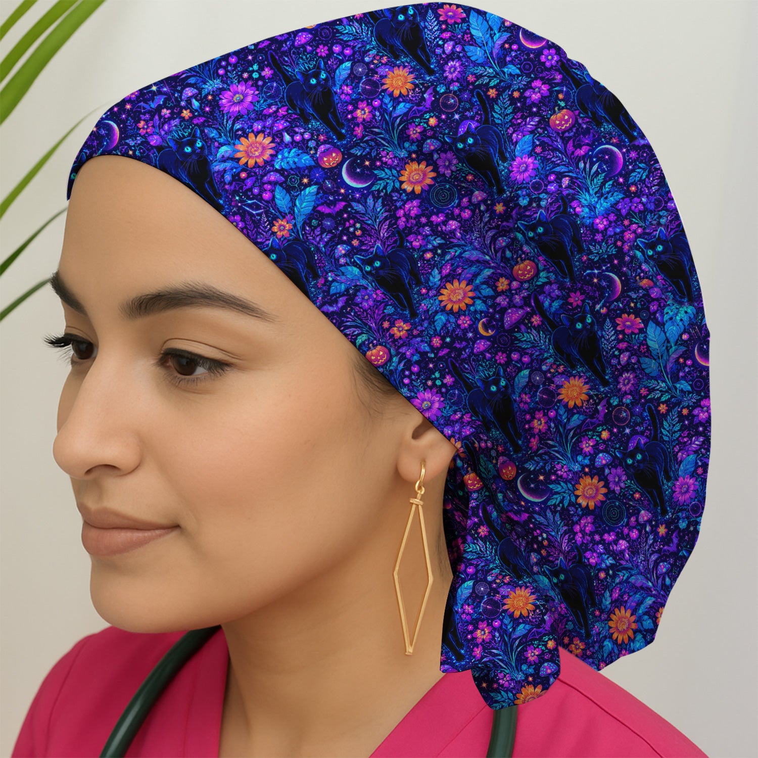 Halloween Black Cat Floral Print Scrub Cap, Surgical Caps for Doctors