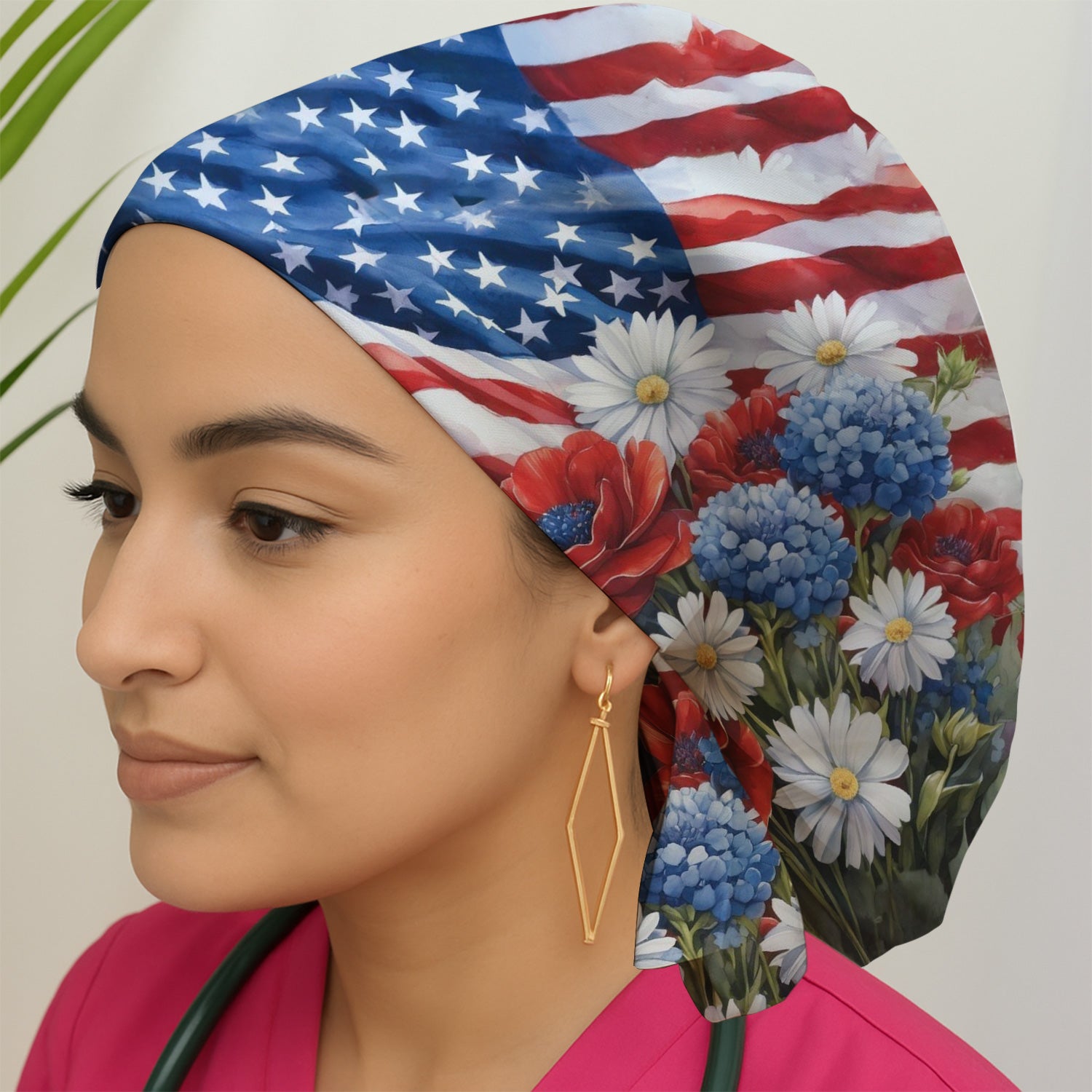 Festive US Flag Floral Bouquet Pattern Nurse Scrub Cap, Surgical Caps for Doctors