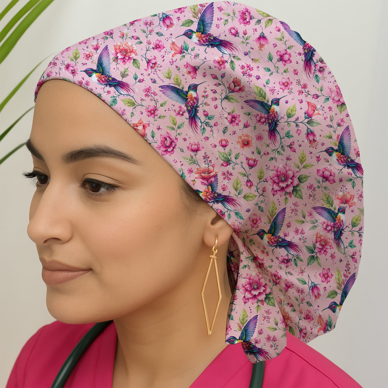 Pink Hummingbird Floral Garden Pattern Scrub Cap, Surgical Caps for Doctors