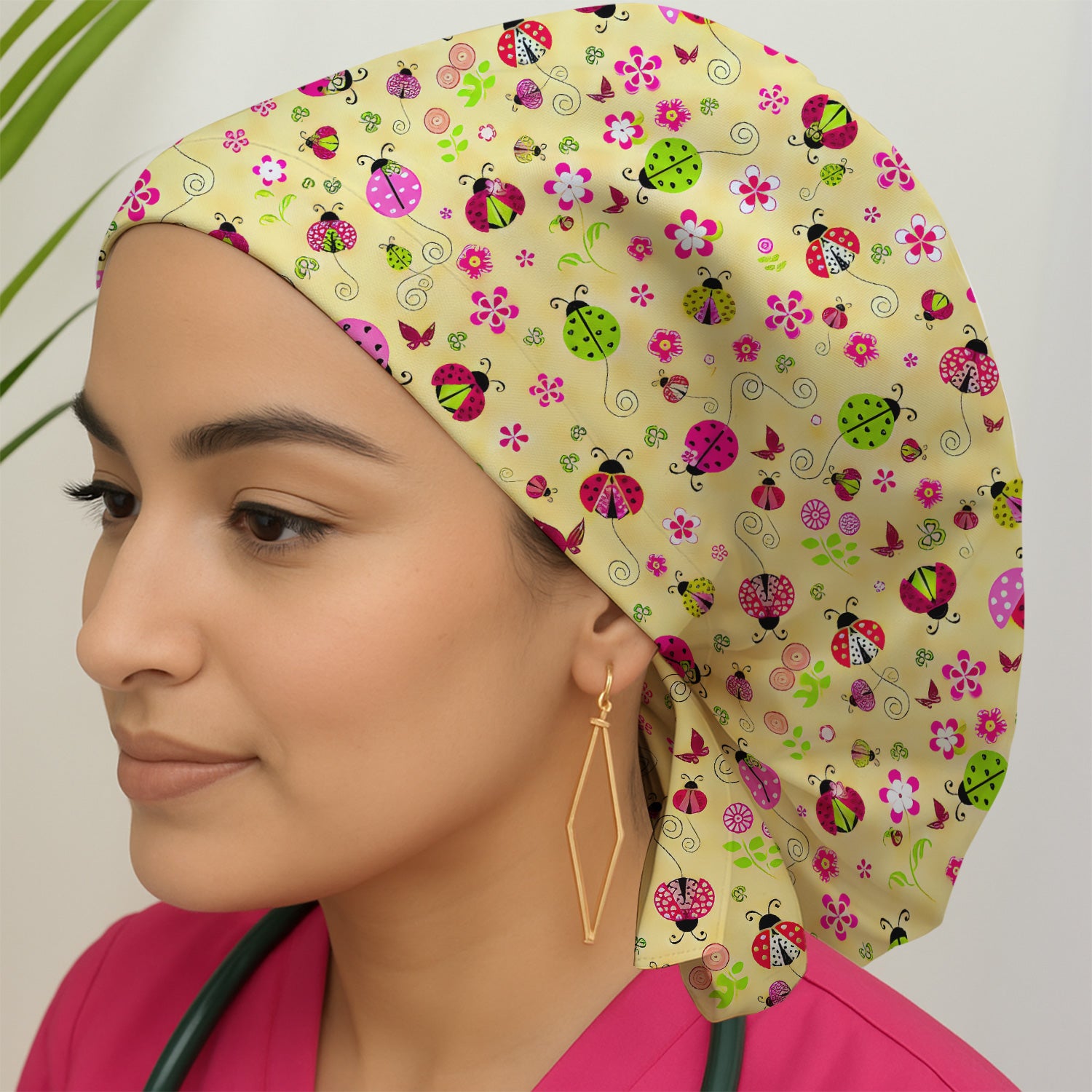 Yellow Ladybug Floral Garden Pattern Scrub Cap, Surgical Caps for Doctors