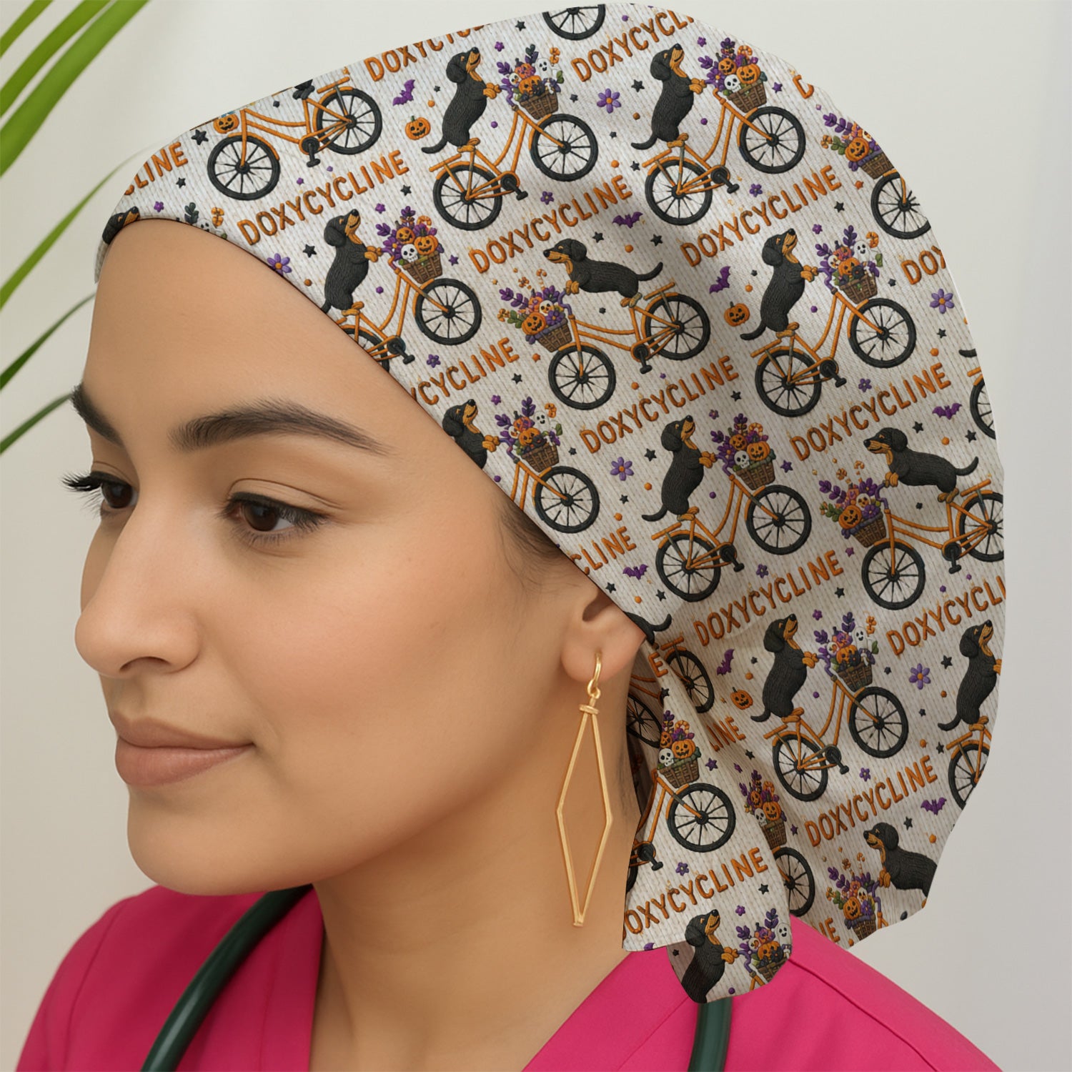 Halloween Dachshund with Doxycycline Bike Print Scrub Cap, Surgical Caps for Doctors