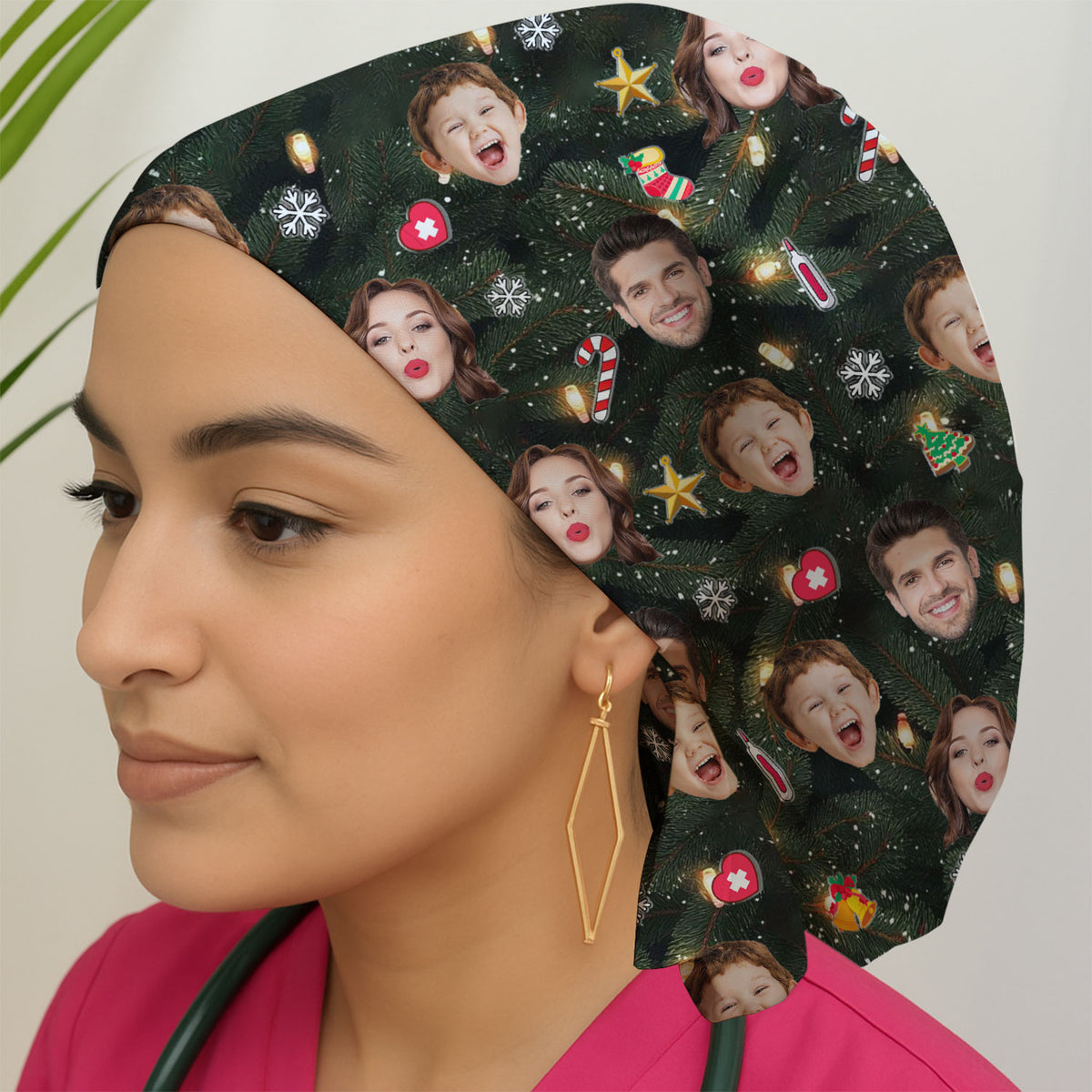 Personalized Christmas Photo Scrub Cap, Funny Xmas Custom Face Scrub Hat, Breathable Fabrics Nursing Uniform