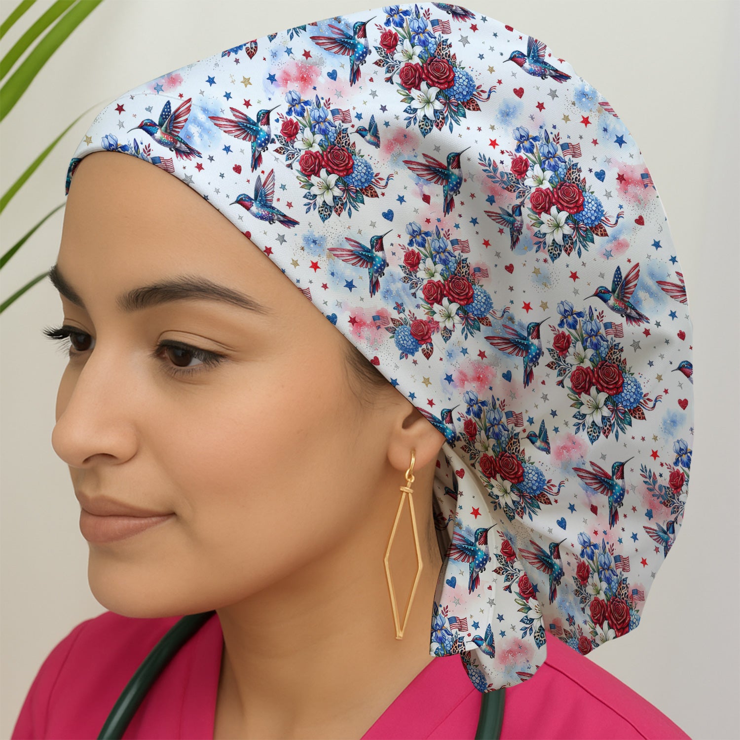 Patriotic Hummingbird Floral Bouquet Pattern Scrub Cap, Surgical Caps for Doctors
