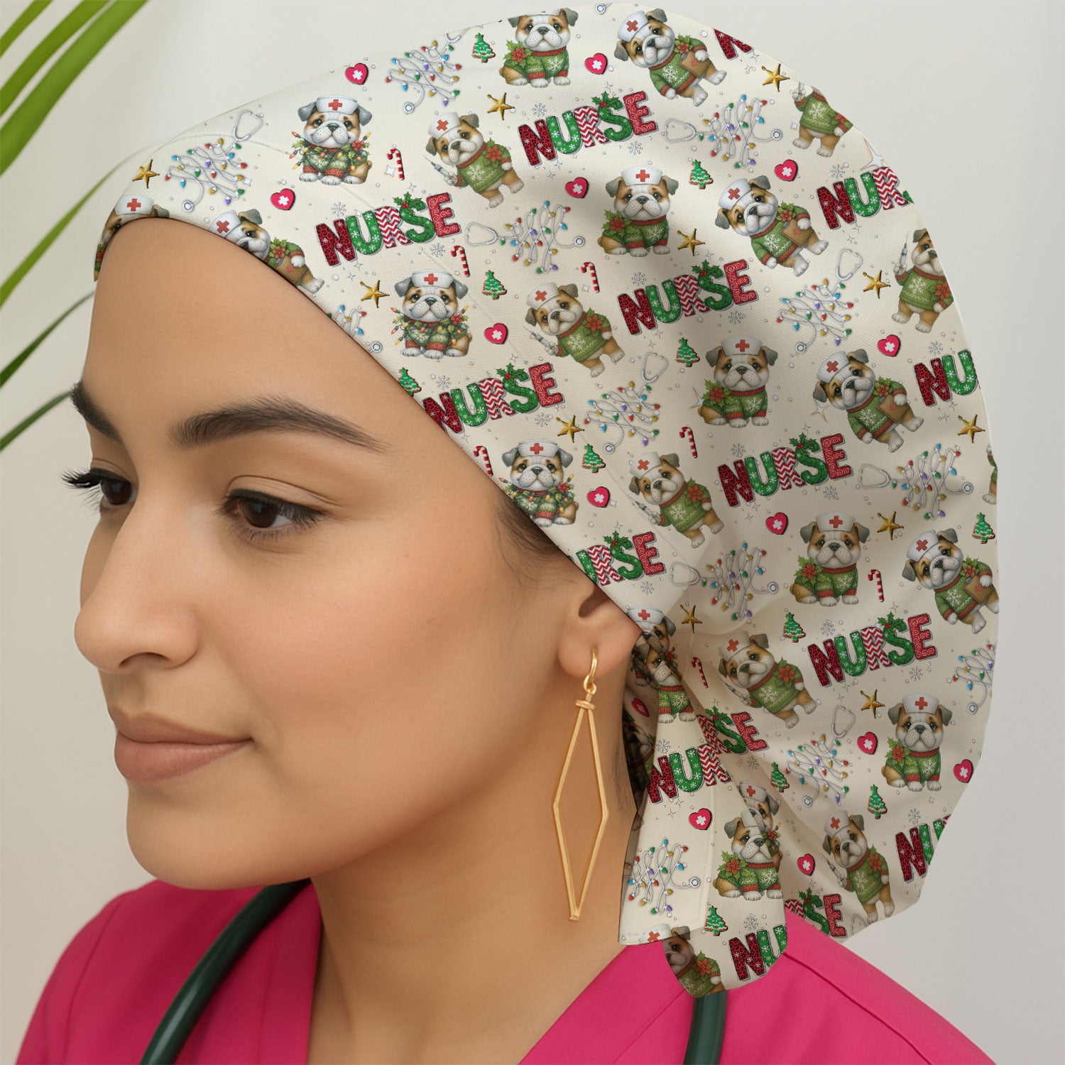 Bulldog Bouffant Scrub Caps for Women - Puppy Lover Gift - Breathable Fabrics Caps Uniform