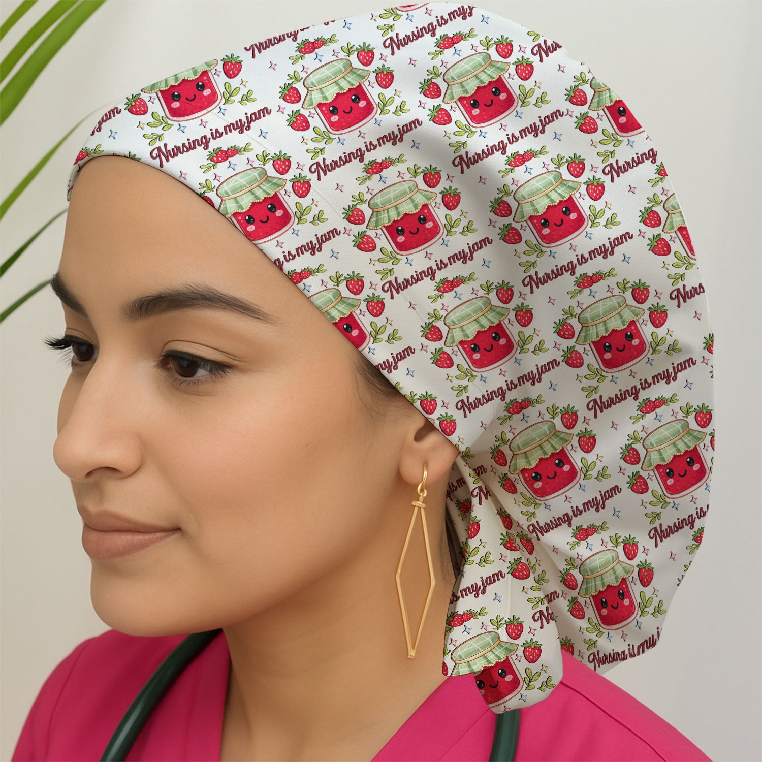 Cute Strawberry Jam Nurse Pattern Cap, Breathable Fabrics Caps Uniform
