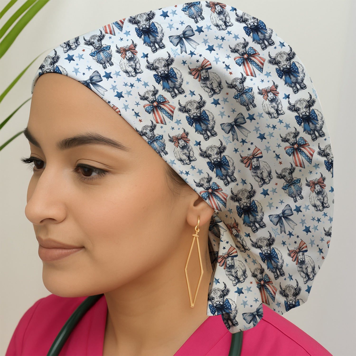 Patriotic Highland Cow Stars Pattern Scrub Cap, Surgical Caps for Doctors