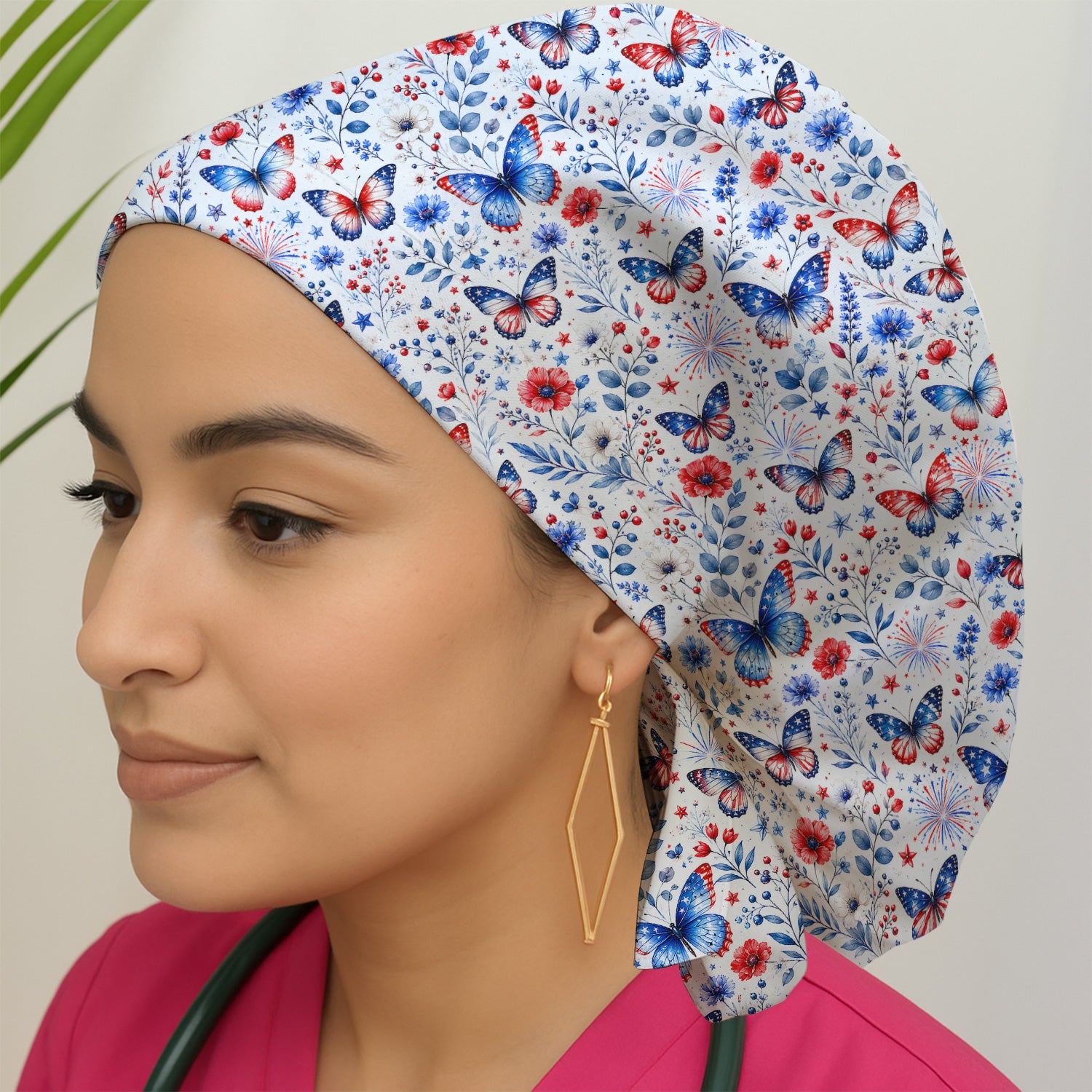 Patriotic Butterfly Fireworks Floral Pattern Scrub Cap, Surgical Caps for Doctors