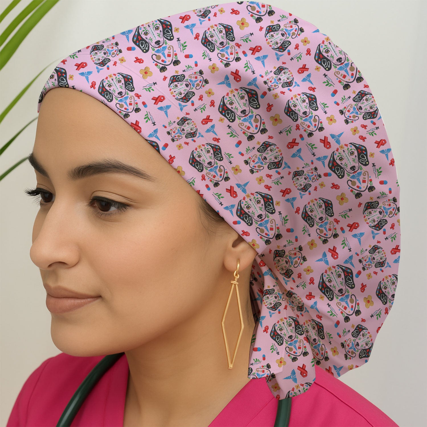 Dachshund Medical Icon Pattern Scrub Cap, Bouffant Scrub Caps for Women