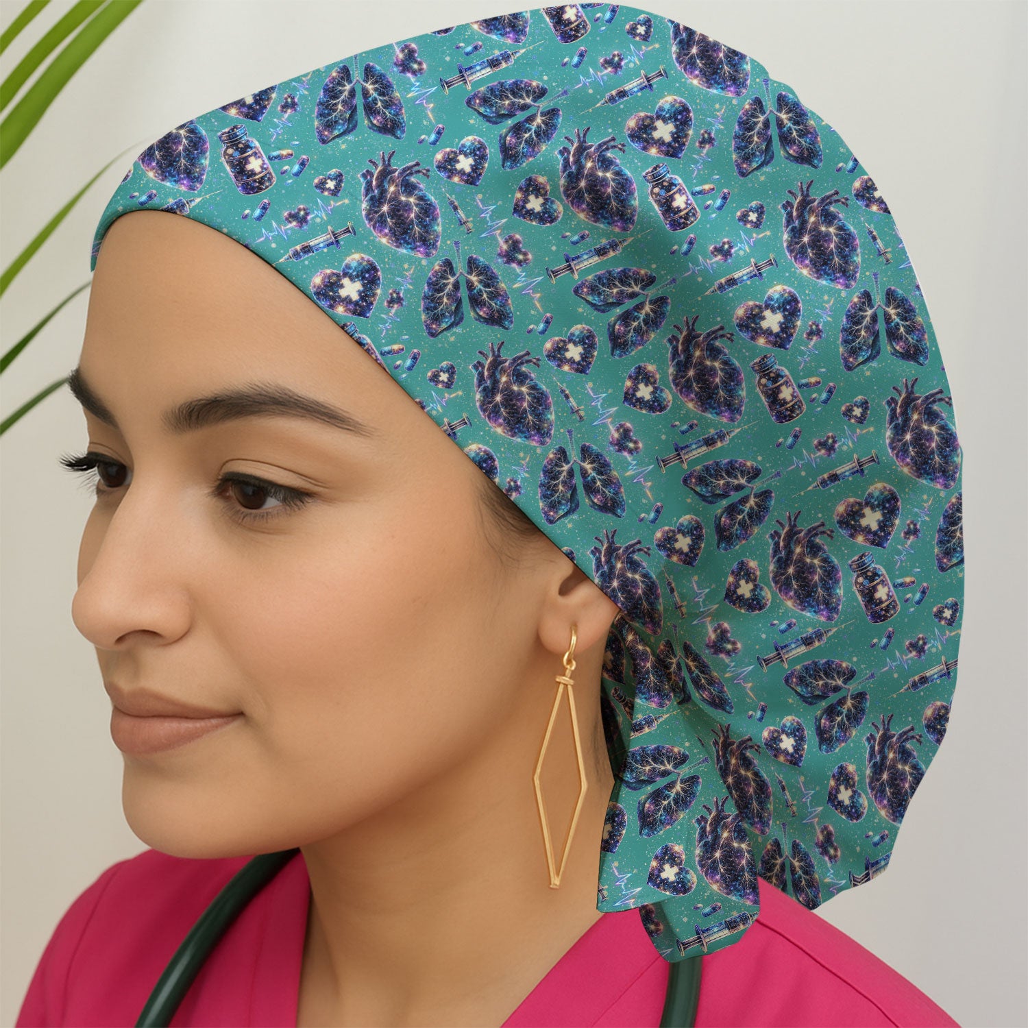 Galaxy Anatomical Heart Lung Syringe Print Cap, Bouffant Scrub Caps for Women