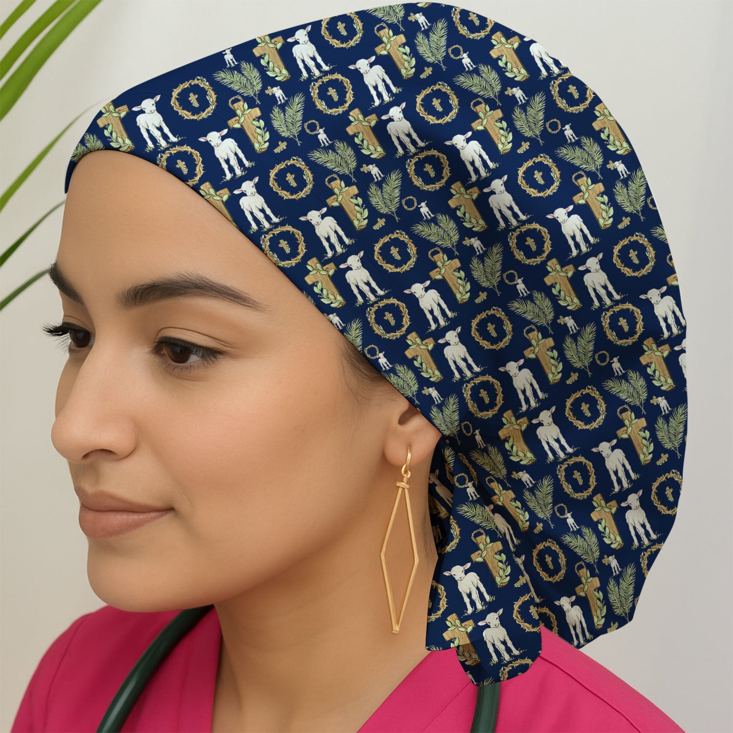 Faith Lamb Cross Pattern Scrub Cap, Bouffant Scrub Caps for Women