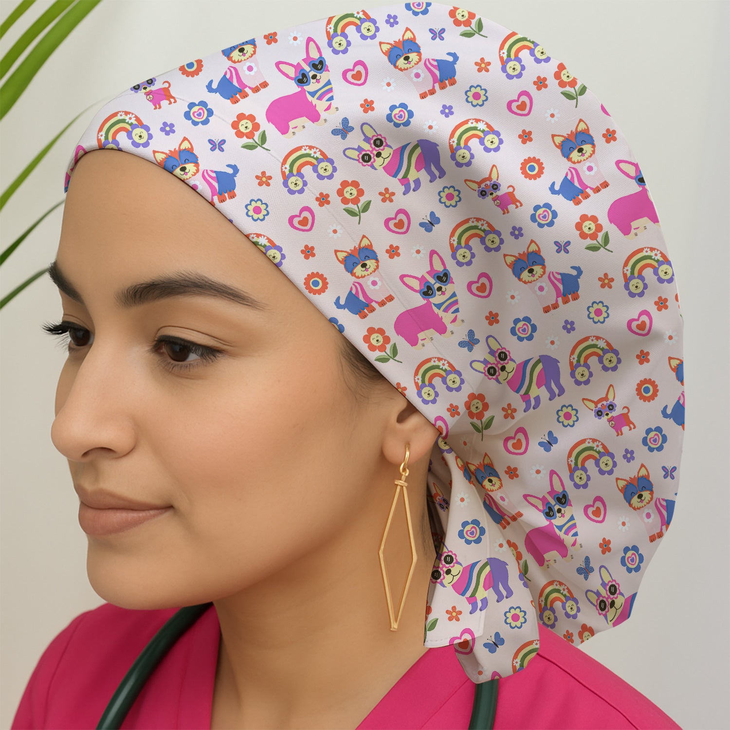 Colorful Cartoon Dogs With Rainbow Flowers Pattern Scrub Cap, Surgical Caps for Doctors