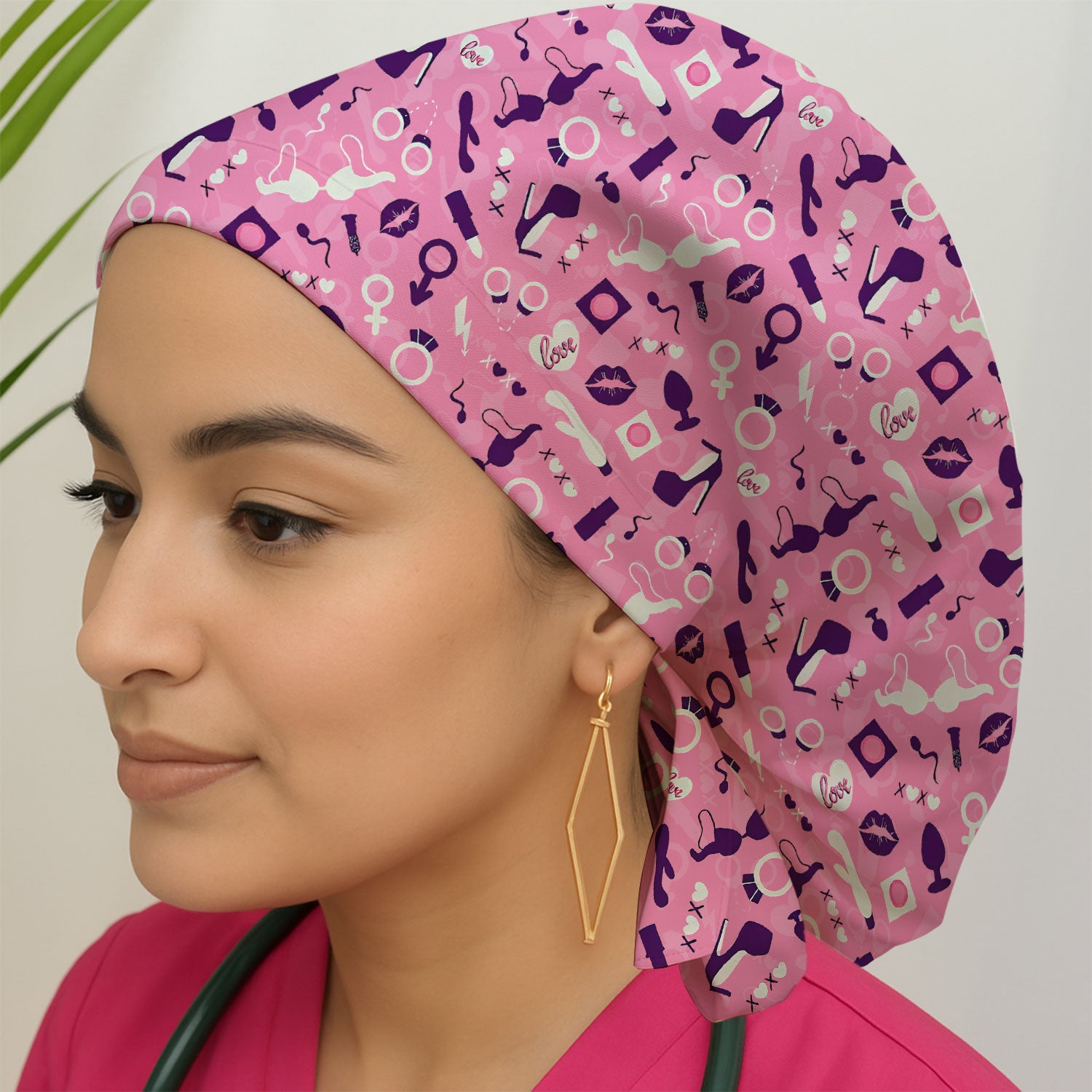 Valentine Pattern Nurse Scrub Cap, Pink Love Nurse Hat, Breathable Fabrics Nursing Uniform