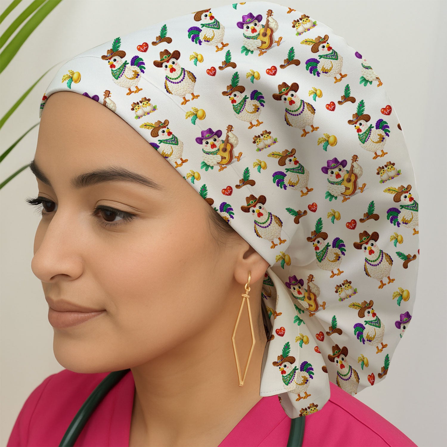 Funny Mardi Gras Rooster Cowboy Print Cap, Bouffant Scrub Caps for Women