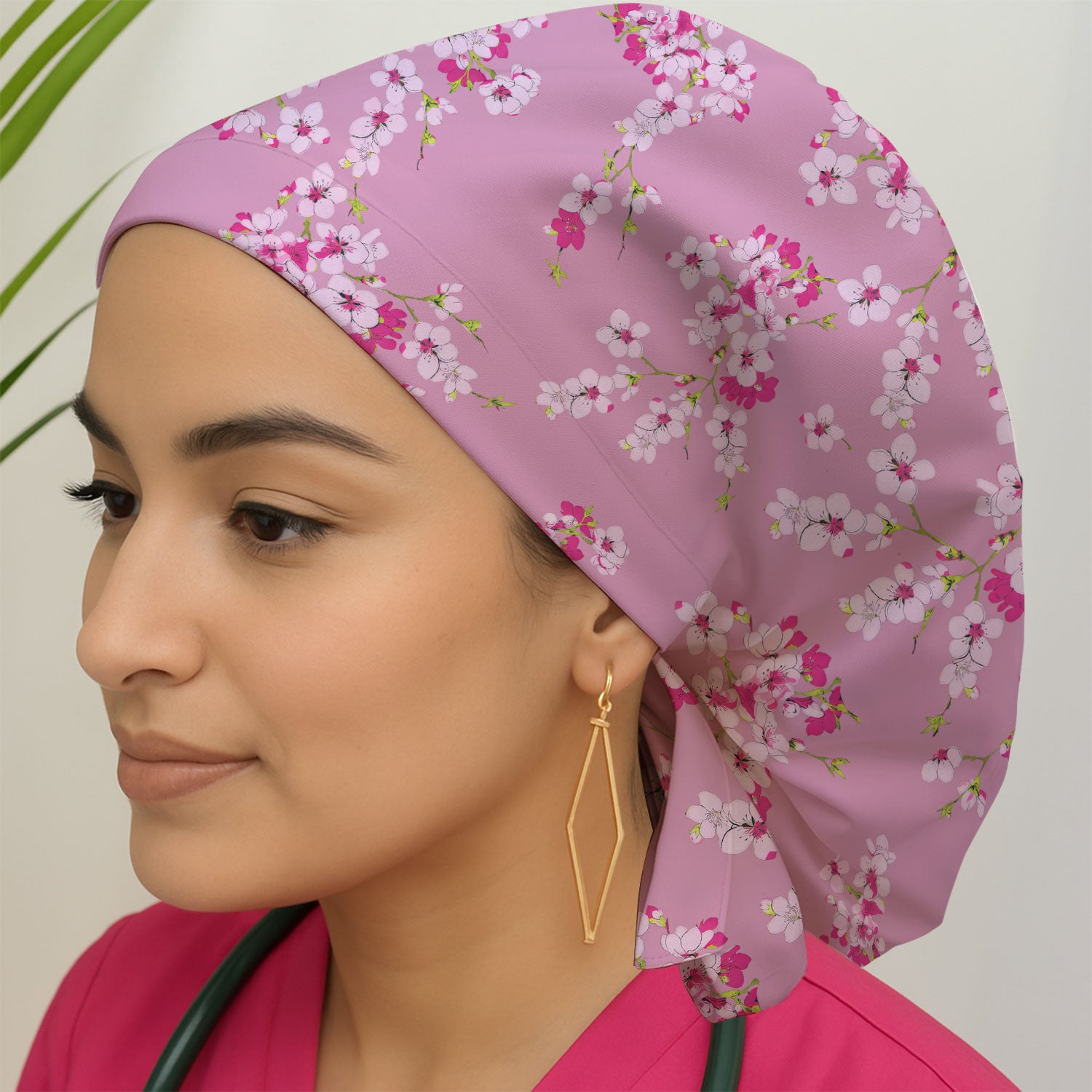 Elegant Cherry Blossom Floral Pattern Bouffant Cap, Scrub Caps for Women