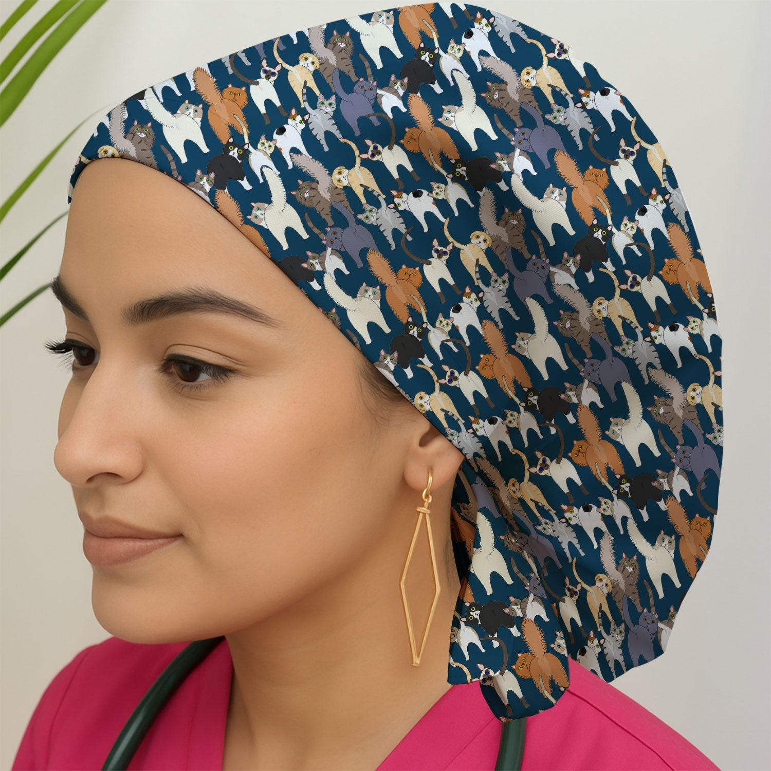 Whimsical Multicolor Cat Cartoon Pattern Cap, Bouffant Scrub Caps for Women