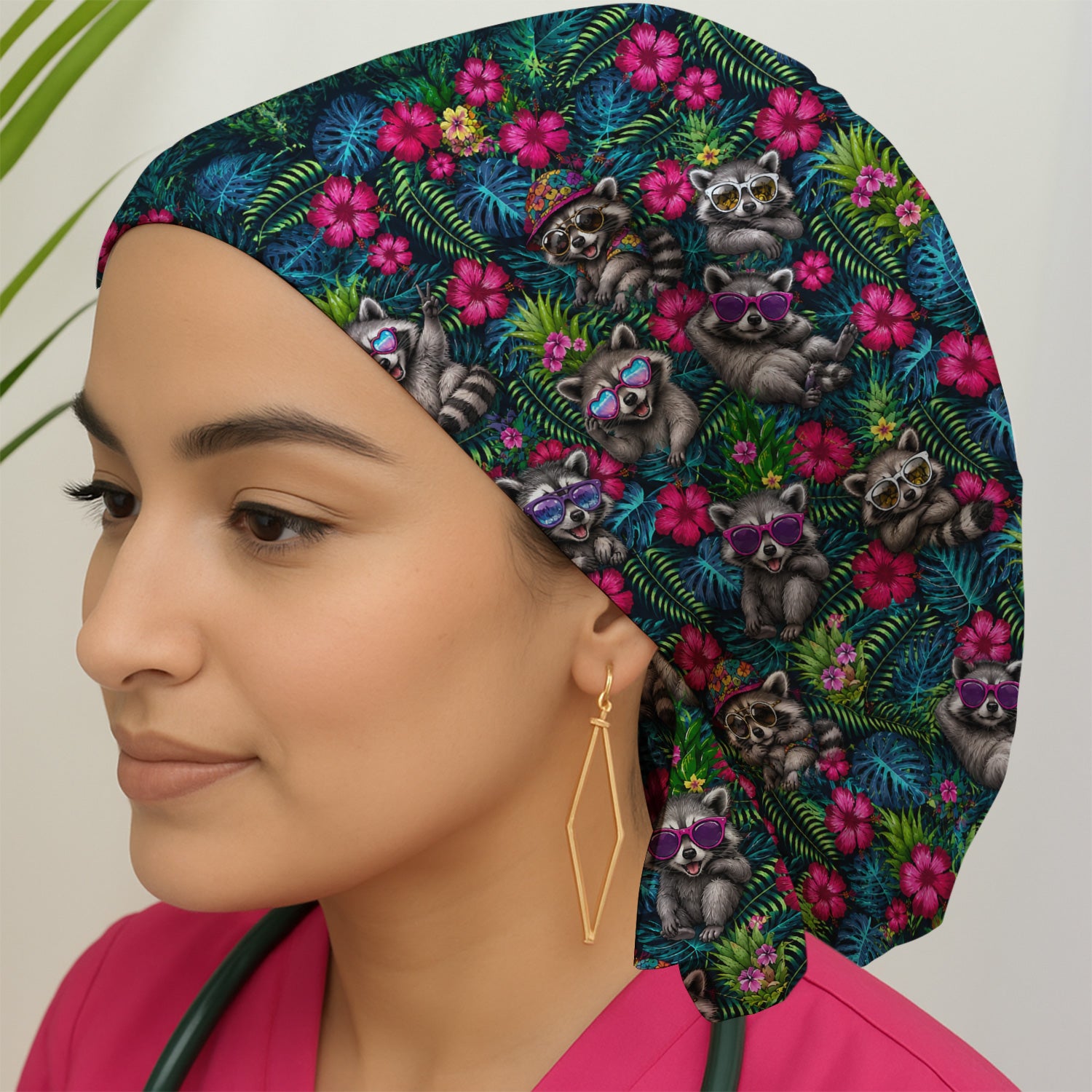Tropical Raccoon Nurse Floral Pattern Scrub Cap, Surgical Caps for Doctors