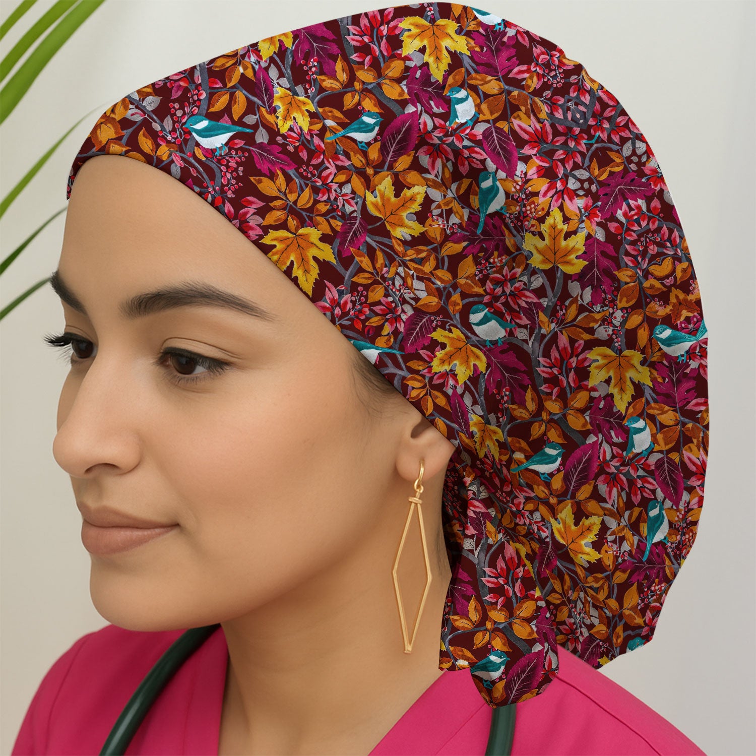 Autumn Leaves Blue Bird Pattern Print Caps, Surgical Caps for Doctors