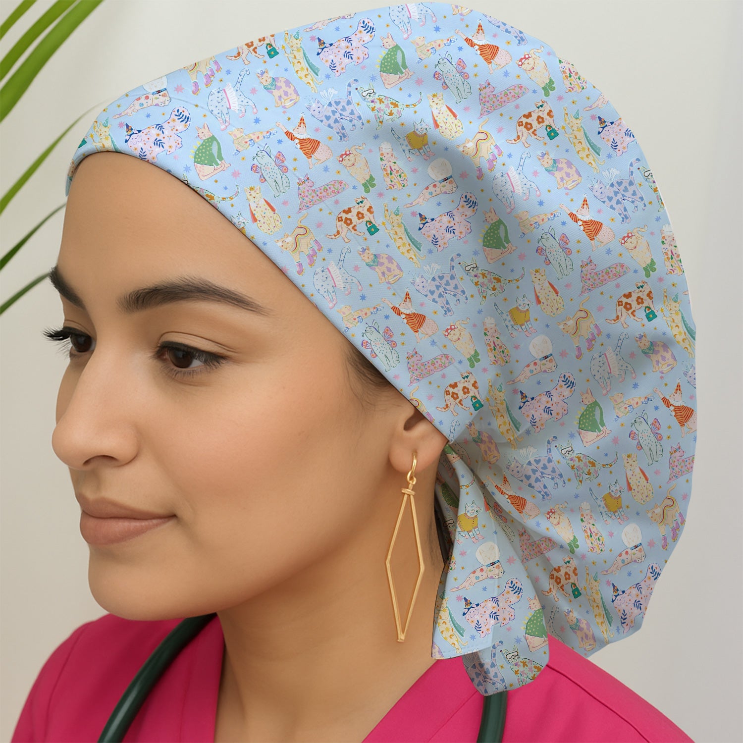 Cute Colorful Cats Pattern Print Cap, Bouffant Scrub Caps for Women