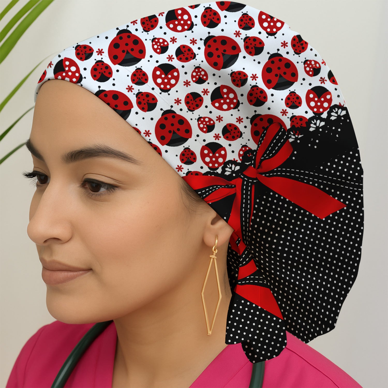 Cute Ladybug Red Ribbon Polka Pattern Scrub Cap, Surgical Caps for Doctors