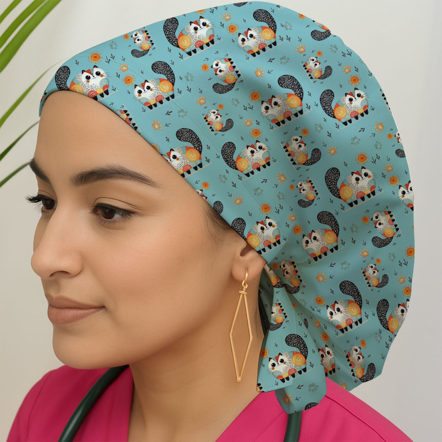 Playful Cat Illustration Scrub Cap, Bouffant Scrub Caps for Women