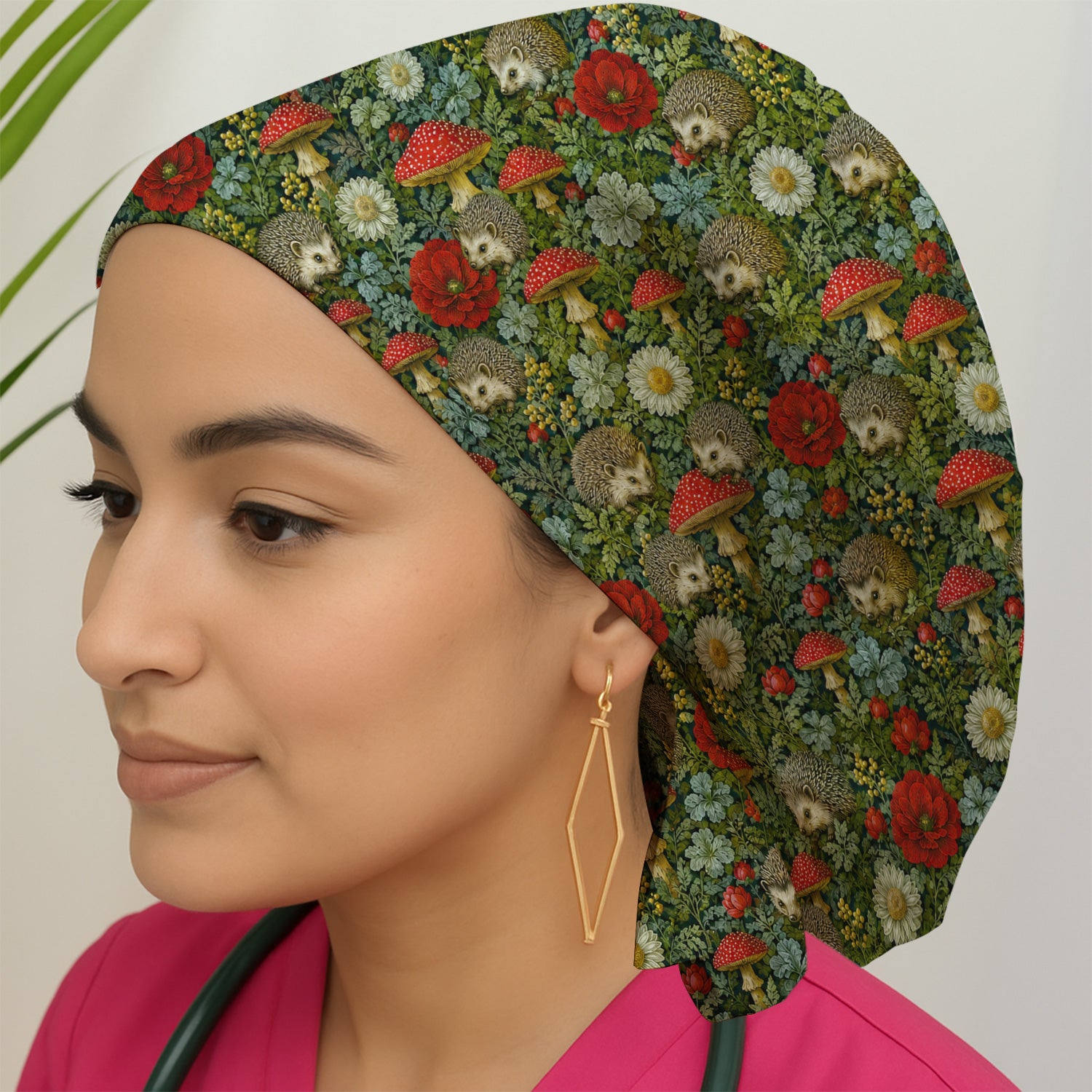 Enchanted Woodland Hedgehog Nurse for Pediatric Nurses, RN, CNA, Garden Medical Scrub Cap, Surgical Caps for Doctors