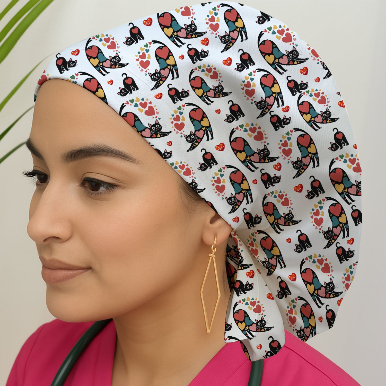 Playful Cat Valentine Heart Print Nurse Scrub Cap, Bouffant Scrub Caps for Women