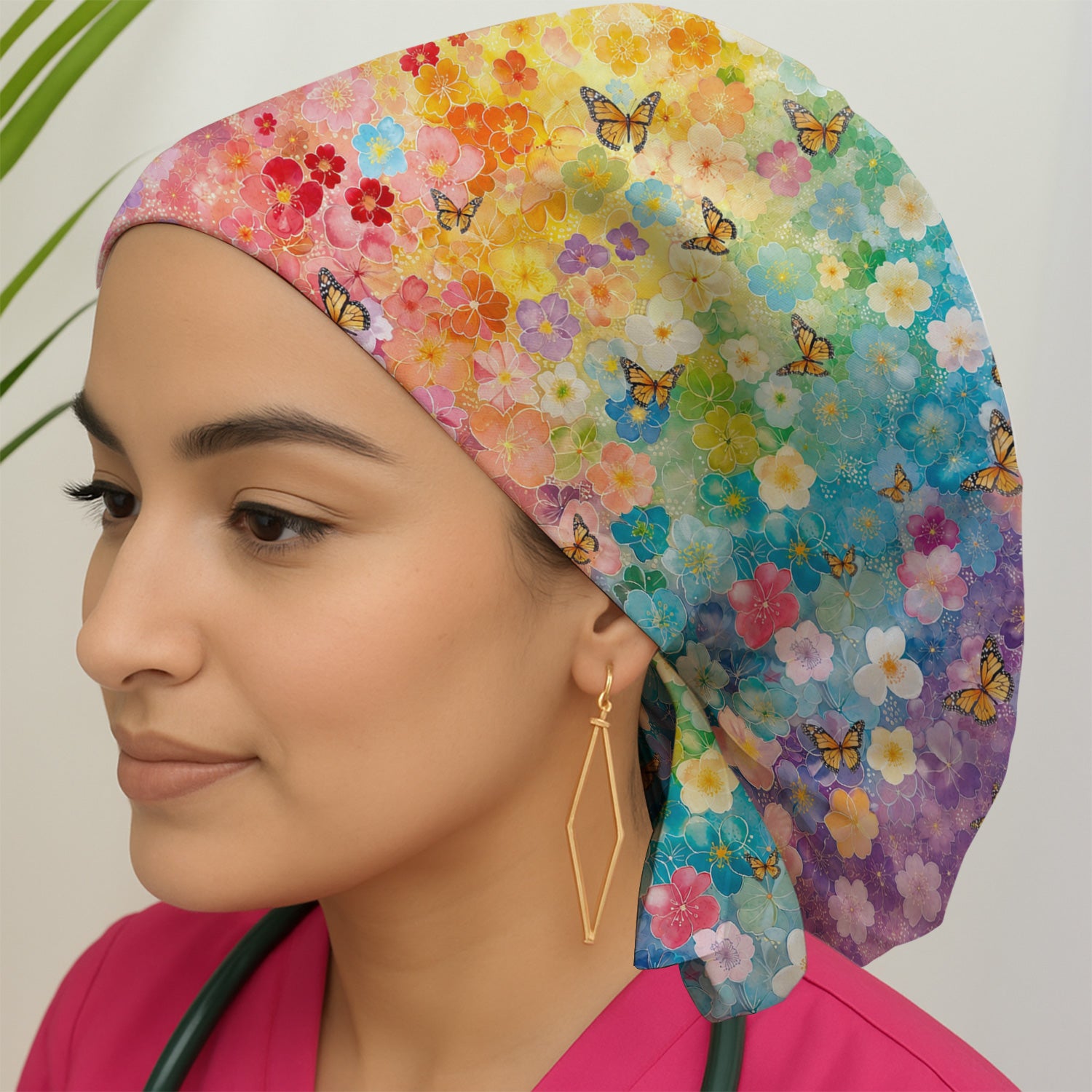 Rainbow Butterfly Floral Blossom Pattern Scrub Cap, Surgical Caps for Doctors