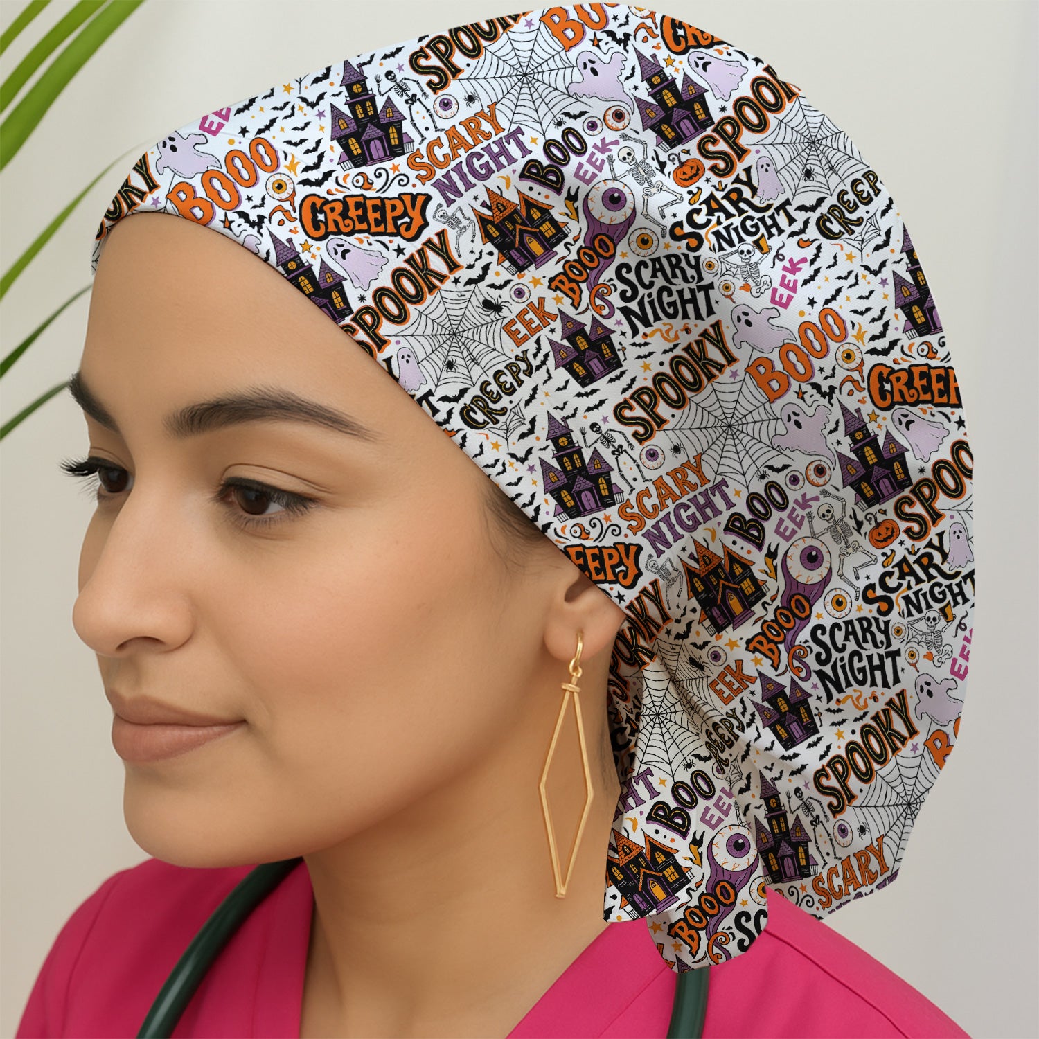 Spooky Halloween Haunted House Typography Scrub Cap, Surgical Caps for Doctors