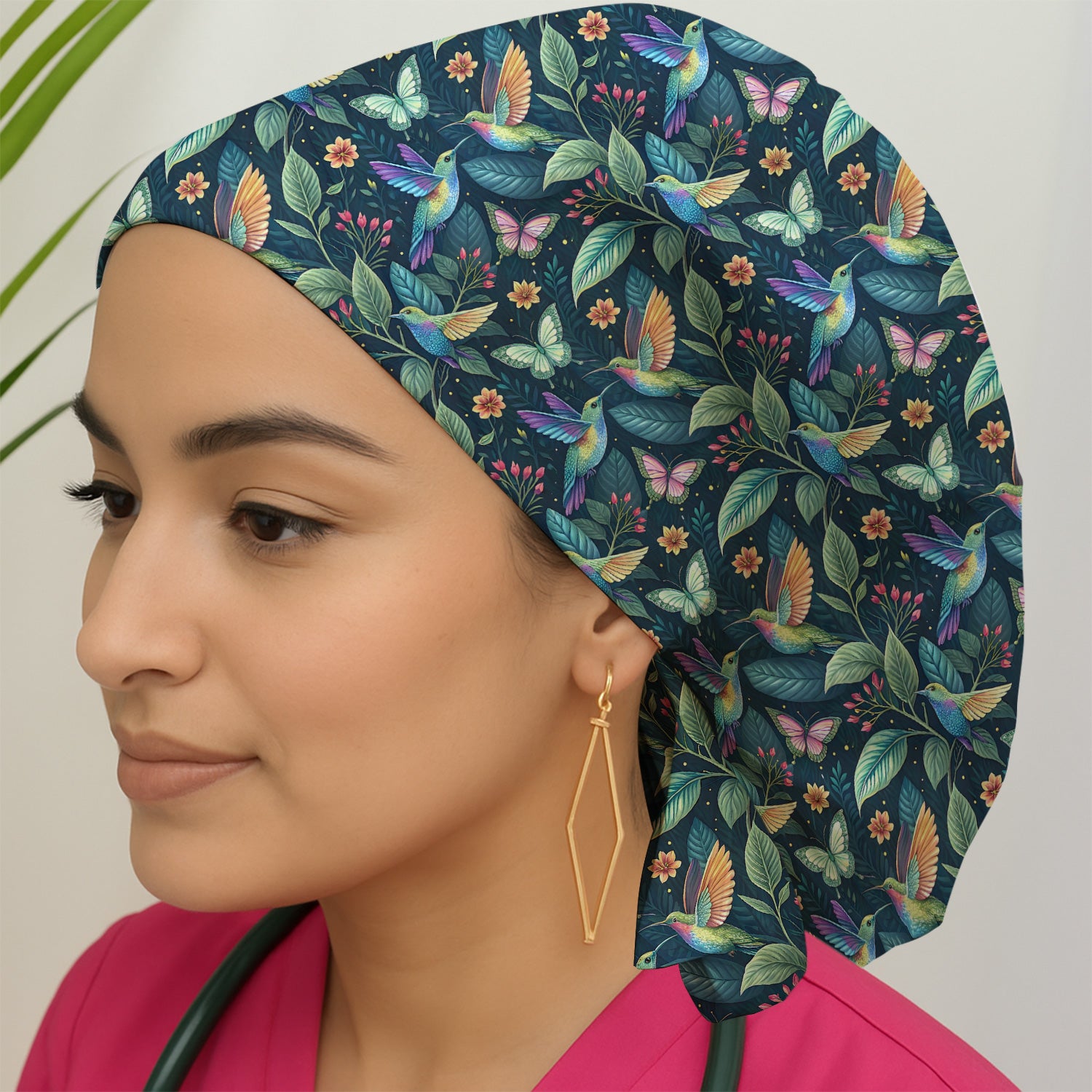 Vibrant Hummingbird Garden Nurse for RN, CNA, Botanical Medical Scrub Cap, Surgical Caps for Doctors