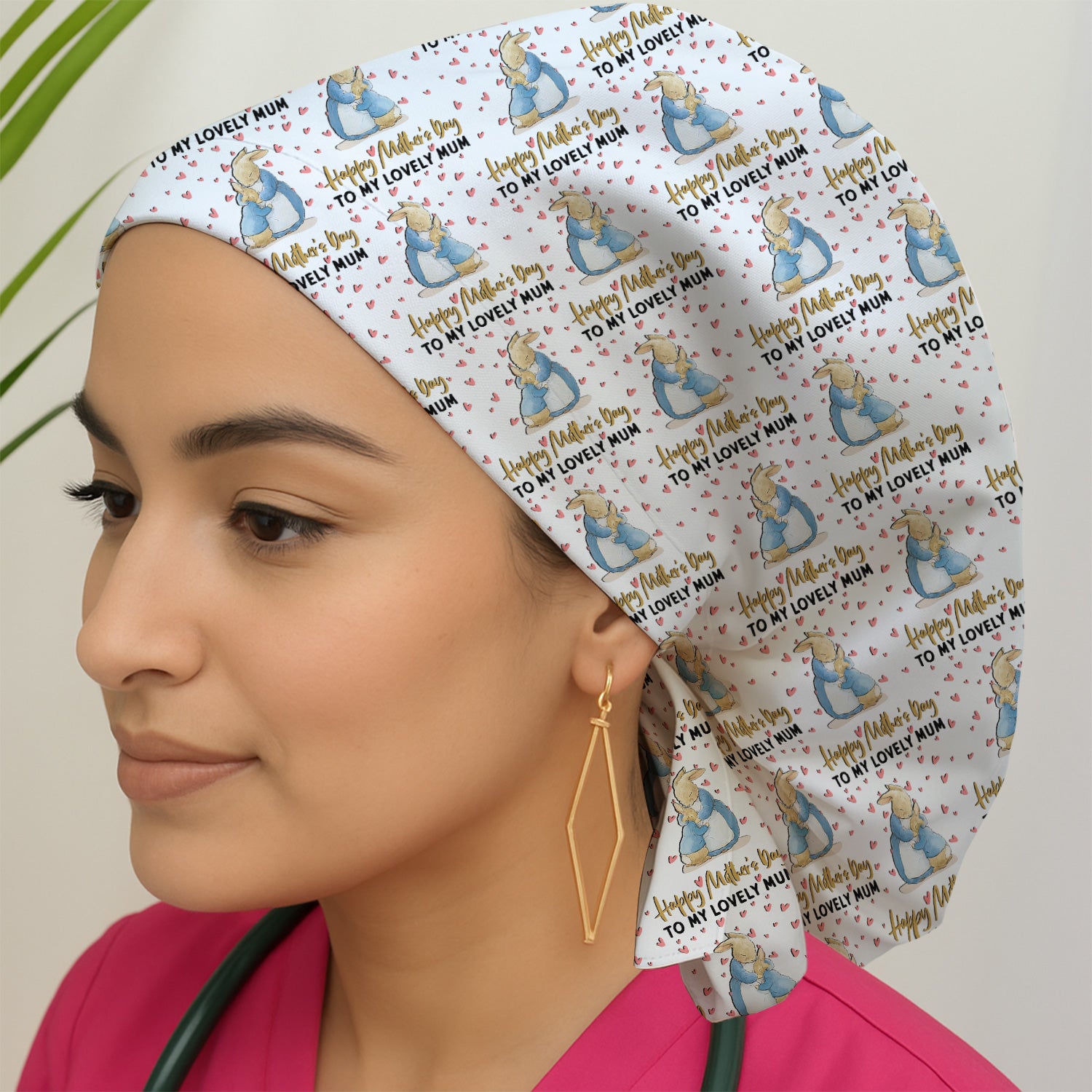Happy Mothers Day Bunny Love Pattern Caps, Bouffant Scrub Caps for Women