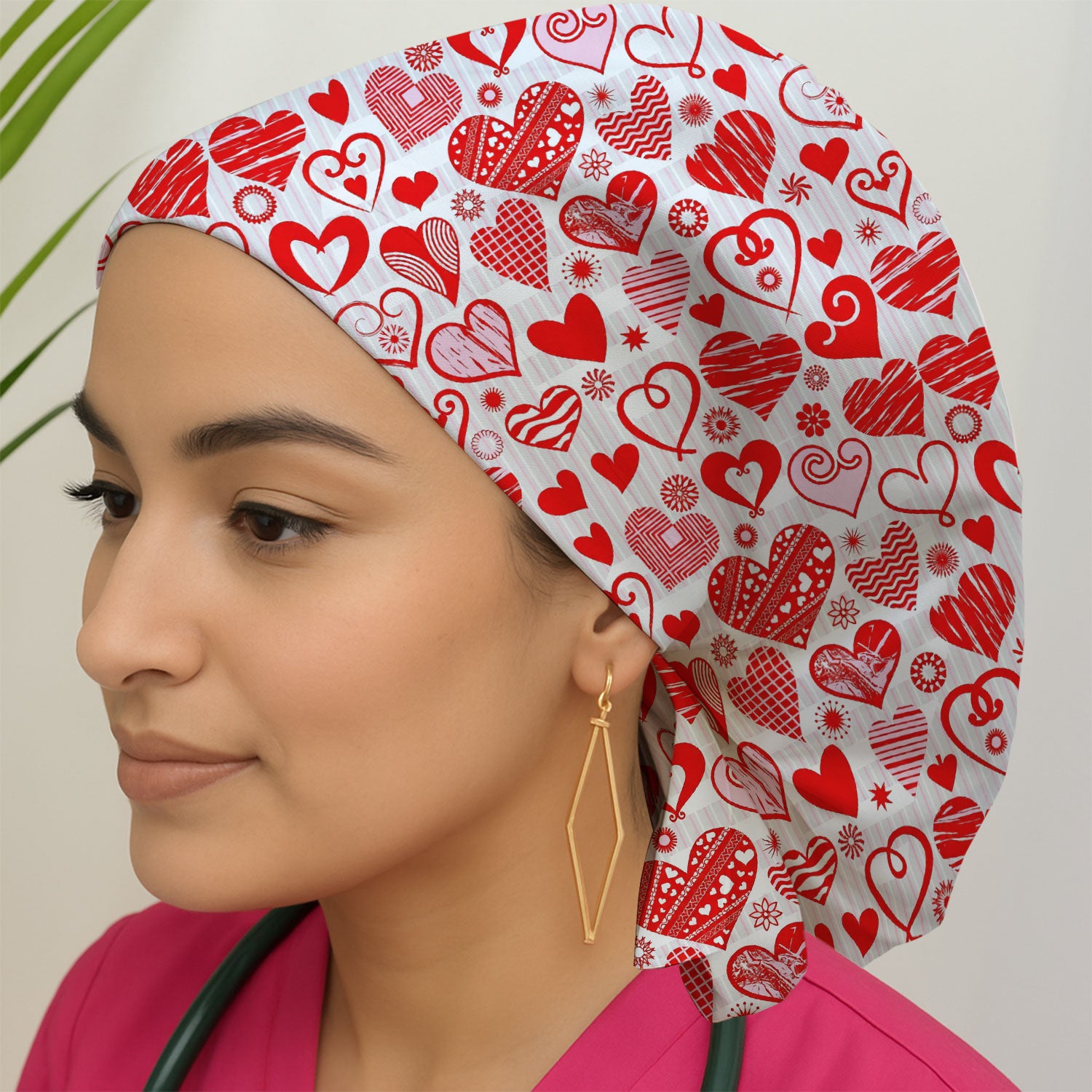 Hearts Scrub Cap For Nursing, Valentine Heart Pattern Nurse Hat, Comfortable Scrubs For Nurses