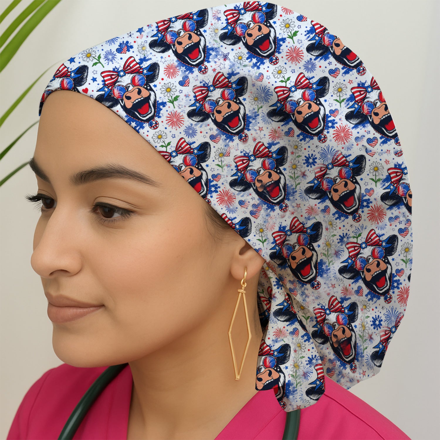 Funny Patriotic Cow Nurse Print Scrub Cap, Surgical Caps for Doctors