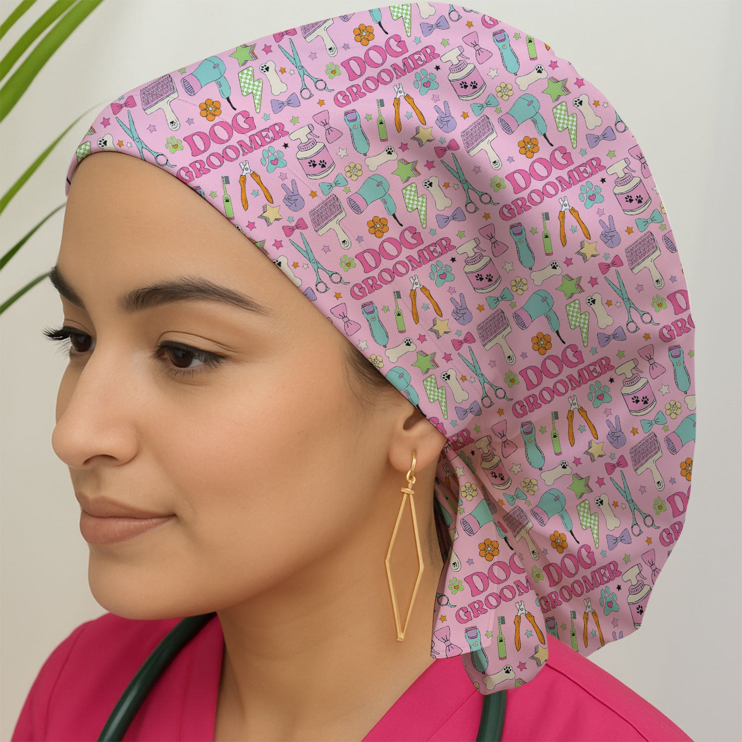 Dog Groomer Tools Pattern Scrub Cap, Bouffant Scrub Caps for Women
