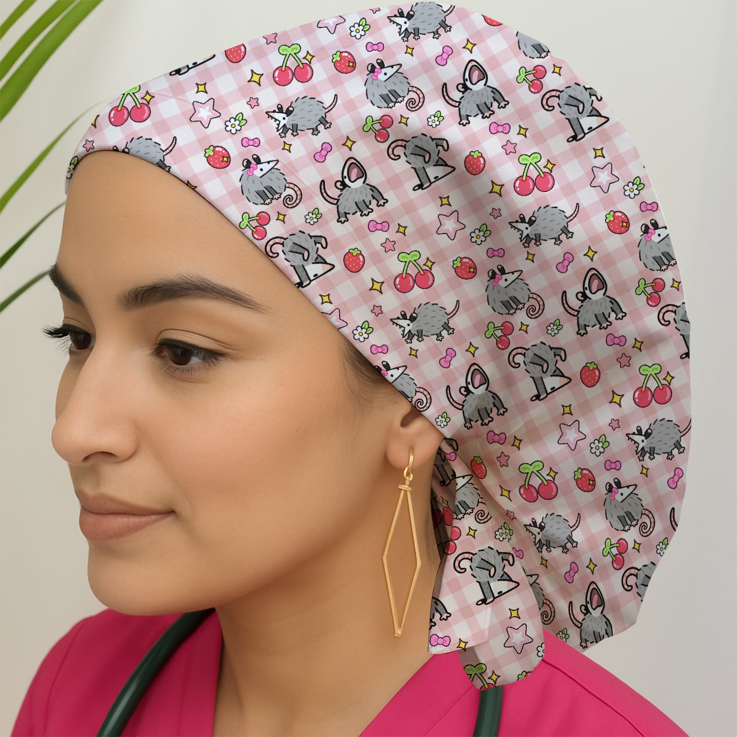 Cute Opossum And Cherries Gingham Pattern Scrub Cap, Surgical Caps for Doctors