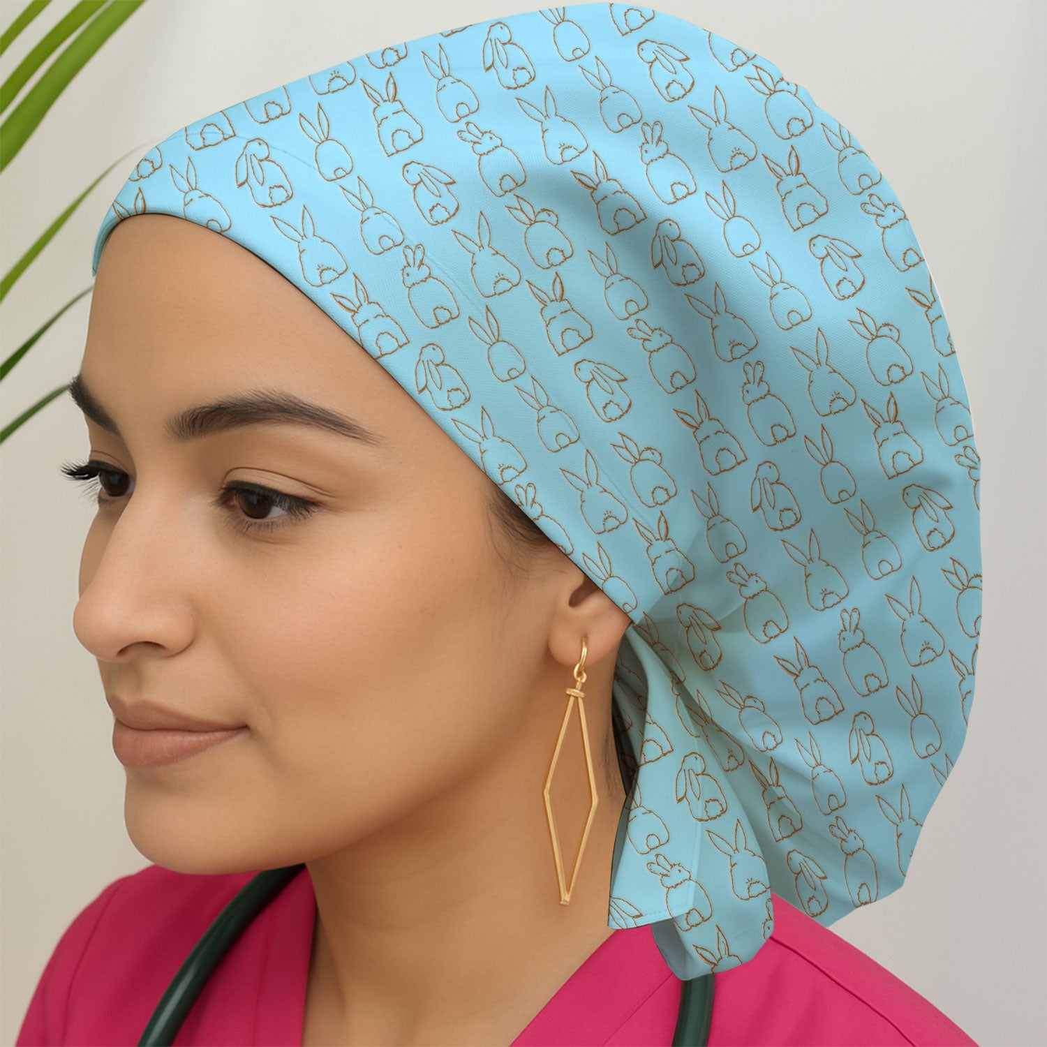 Cartoon Bunny Line Art Pattern Medical Cap, Breathable Fabrics Caps Uniform