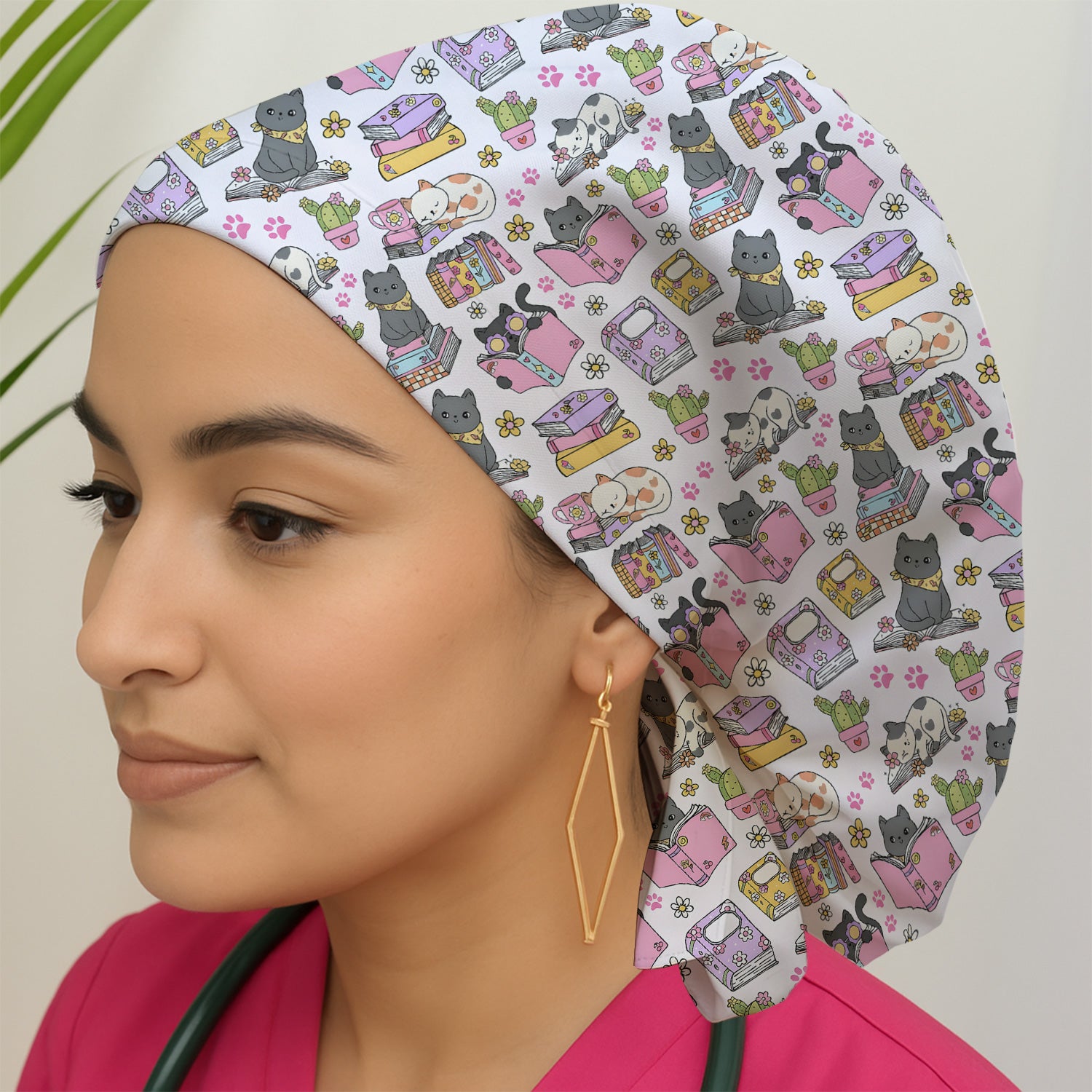 Cute Cat Book Cactus Seamless Pattern Scrub Cap, Surgical Caps for Doctors